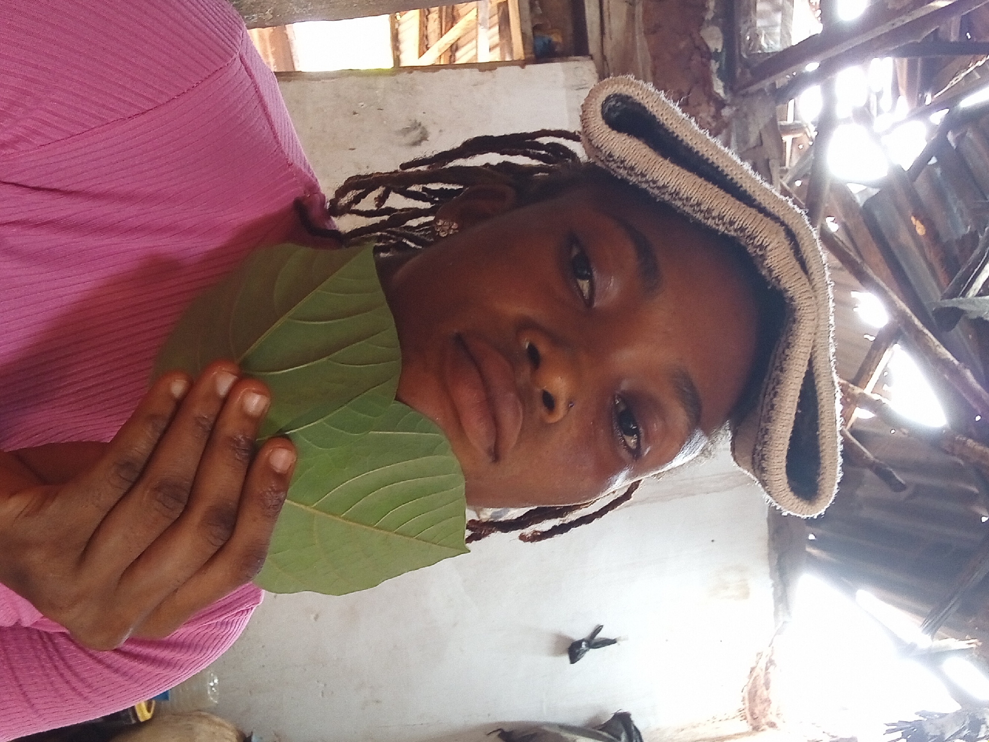 A portrait-style image, rotated 90 degrees counter-clockwise, depicts a young individual, likely female, with dark skin and dreadlocks. The subject is wearing a pink ribbed top and a light-colored, possibly knitted or crocheted, headpiece on their head. They are positioned in an indoor or semi-outdoor setting within what appears to be a humble or rustic structure, consistent with the context of Shagamu, Nigeria.
The person's upper torso is visible, and their right hand holds several large, fresh green leaves close to their chest, partially obscuring their lower face. Their gaze is directed towards the camera with a calm, neutral expression.
The background features bright natural daylight filtering through gaps in a rough, wooden beam and corrugated roof structure, suggesting an open or dilapidated roof. A light-colored wall runs horizontally behind the subject. Below, indistinct dark objects, possibly bags, are visible on the floor, and a small, dark, folded object (perhaps a piece of fabric or a decorative item) is affixed to the wall. The bright light indicates it is daytime. There is no visible text.