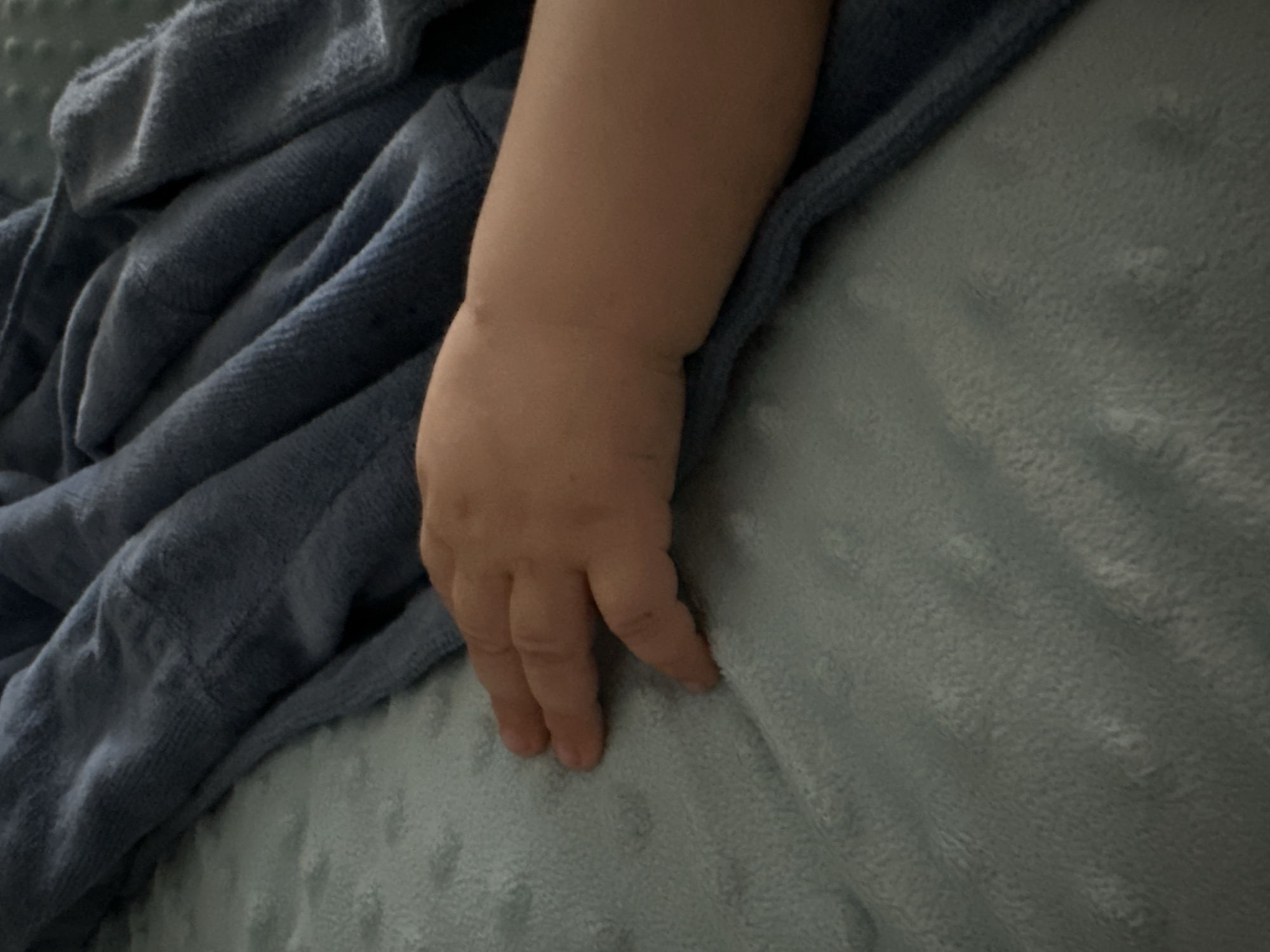 A close-up shows a baby's arm and hand resting on a soft, light blue blanket. A darker blue, textured fabric is draped to the left of the arm. The baby's skin is light-toned. The scene's location is unspecified.