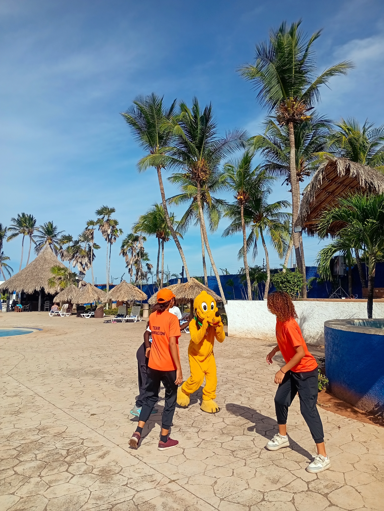 The image shows an outdoor scene in Playa El Agua, Venezuela. Several palm trees populate the background. A yellow cartoon mascot is standing between two individuals wearing orange shirts and black pants. The person on the left has the word “TEAM ANIMACION” printed on their back. They are standing on a stone-paved surface near a white wall with blue accents. In the background, thatched umbrellas and buildings are visible. The sky is blue and clear.