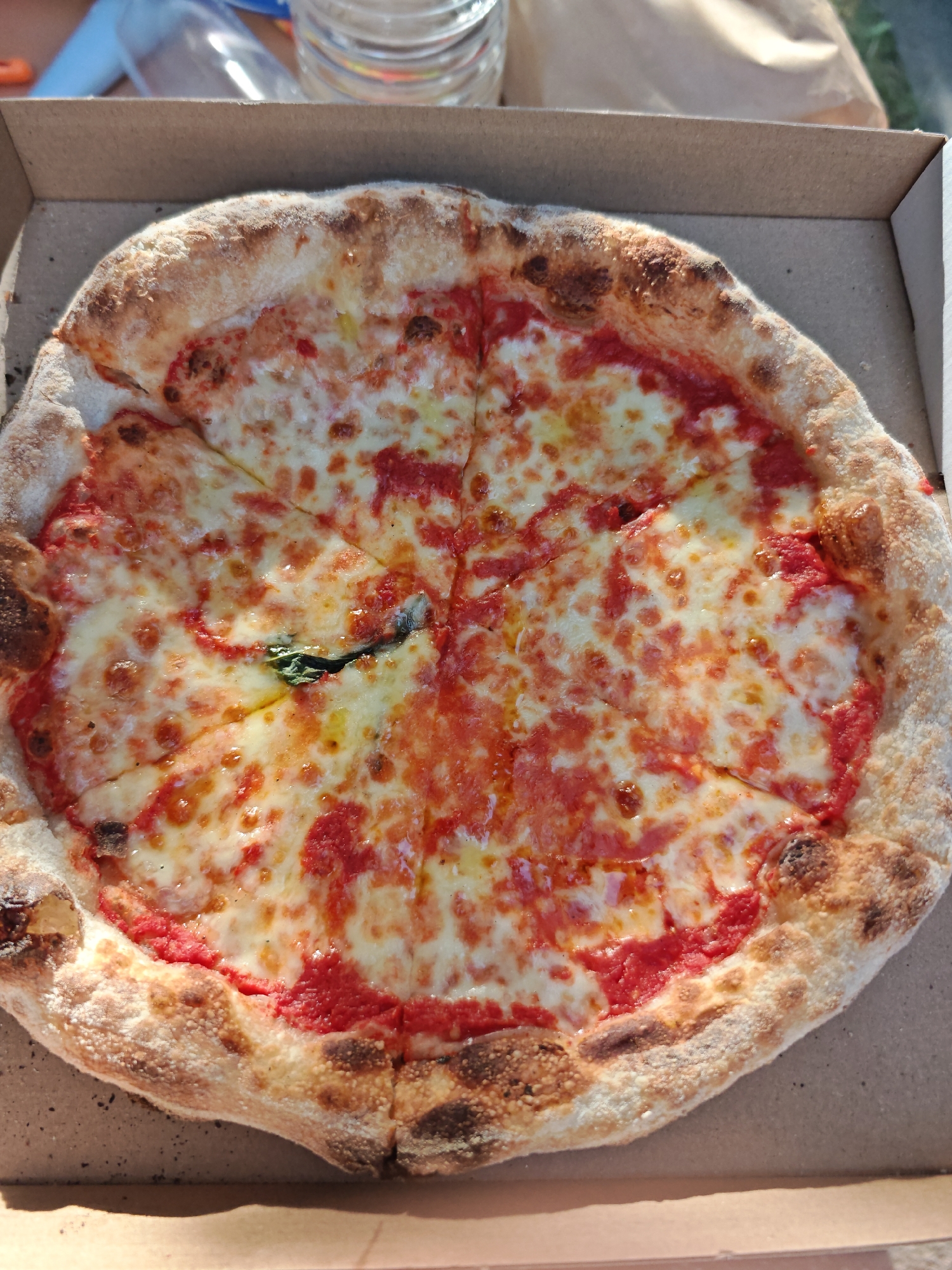 A close-up, overhead shot shows a freshly baked pizza in a brown cardboard pizza box. The pizza is round and appears to be a margherita, with a tomato sauce base and melted mozzarella cheese. Some basil leaves are visible on top of the cheese. The crust is thick and golden brown, with some charred spots, indicating it was cooked in a hot oven. The pizza box is open, revealing the entire pizza within. In the background, out of focus, are a clear plastic bottle with a white lid, suggesting it might be water or another beverage, and a blurred brown paper bag. The scene appears to be outdoors, possibly at a picnic or a casual dining setting, given the sunlight and the presence of disposable containers. The image does not contain any specific clues to its location in Sofia, Bulgaria.