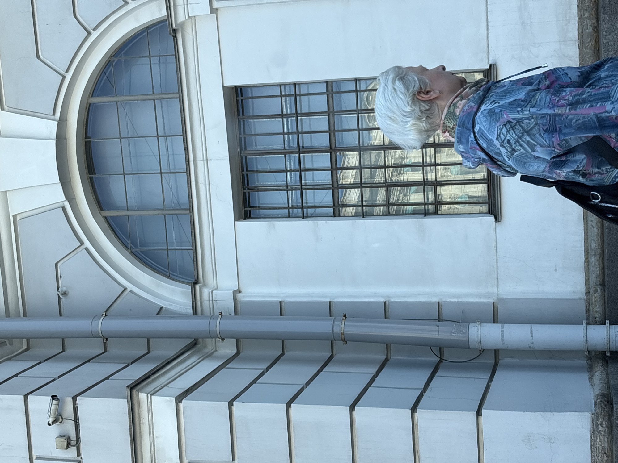 This is a medium shot of a person standing outside a building with white, classical architecture. The person, viewed from the side and slightly from below, has short, white hair and is wearing a patterned jacket in shades of blue, pink, and white. They are looking upwards and to the right, with their face partially obscured by their hair. The building features a large, semicircular window with a grid pattern on the left and a rectangular window with a similar grid on the right. A grey pipe runs horizontally across the building in the middle ground, supported by metal clamps. Below the pipe, the building's facade is composed of stacked, rectangular elements. A security camera is visible on the lower left side of the building. The lighting suggests it is daytime, and the overall scene appears calm. The location is identified as Saint Petersburg, Russia, which is consistent with the architectural style. No visible text is present in the image.