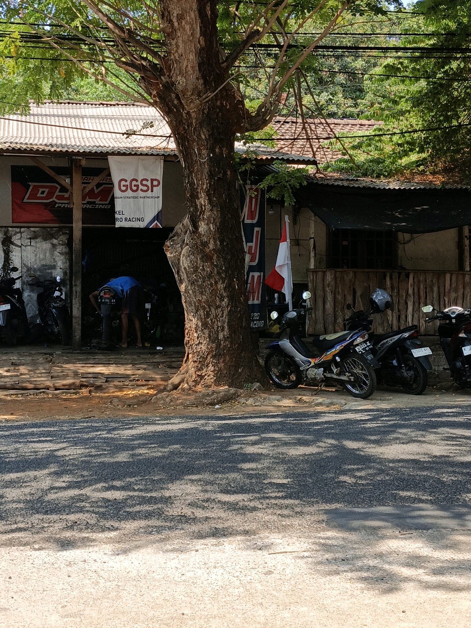 The image depicts an outdoor scene in Bandengan, Indonesia, likely a workshop or garage. A large tree with rough bark stands prominently in the foreground, casting shadows on the paved ground. In the background, a single-story building with a corrugated metal roof and a tiled section houses a motorcycle repair area. Several motorcycles are parked outside the building, and one person, wearing a blue shirt and shorts, is bent over, appearing to work on a motorcycle inside the workshop. Banners advertising "GGSP" and "DJM PRO RACING" are visible on the building's facade, suggesting it is a business related to motorcycle racing or services. An Indonesian flag, red and white, is also displayed near the entrance. The environment appears sunny, with ample greenery surrounding the structure.