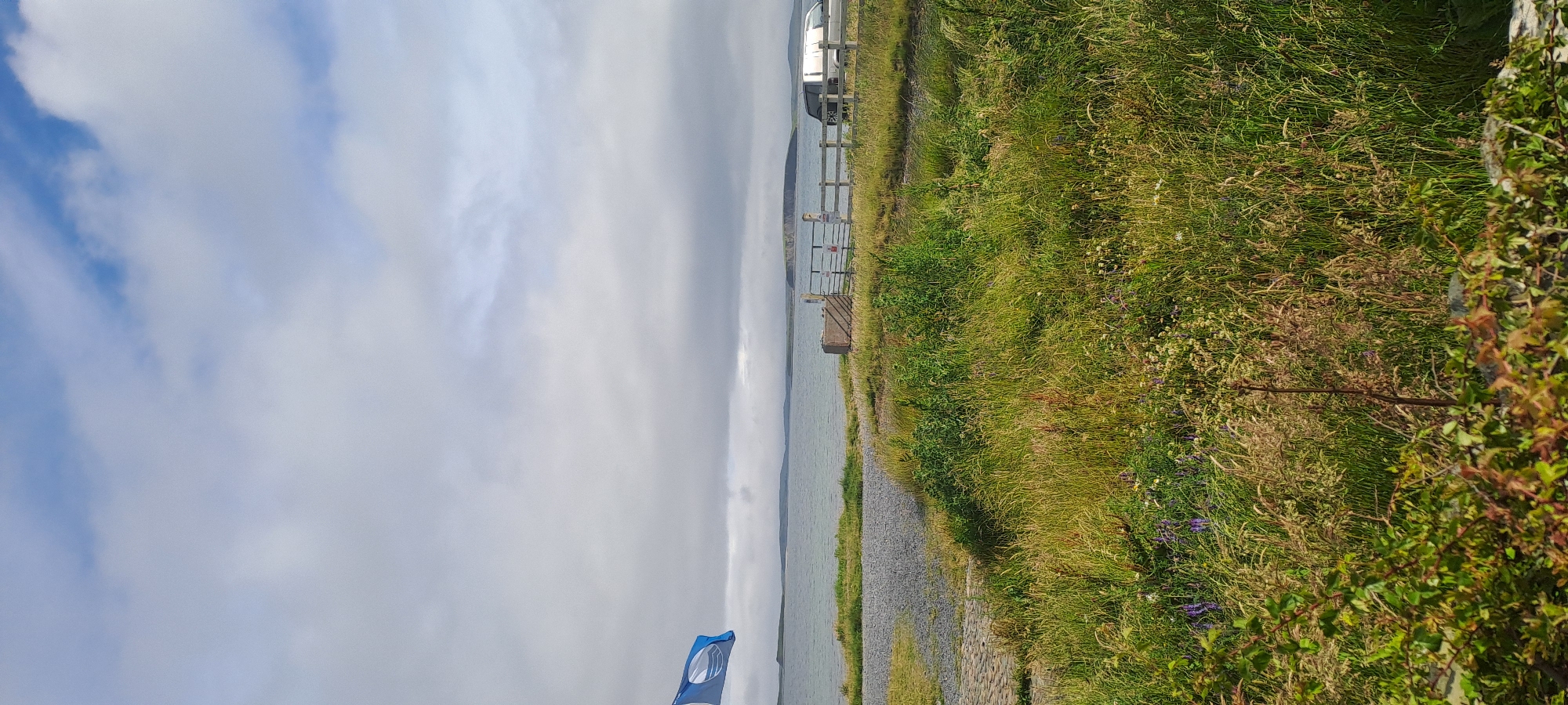 This is a landscape photograph taken from Pier Road in Ireland. The image is oriented vertically. In the foreground, there is a path made of cobblestones and gravel leading towards a body of water. To the right of the path, tall, green grass and vegetation grow, with some smaller purple flowers visible. A dark brown, almost black, metal pole is stuck in the ground in the middle of the grass. Further back, a wooden fence is present, and beyond that, a white vehicle, possibly a van or RV, is parked.
The scene overlooks a body of water that appears to be calm. In the distance, a hazy shoreline is visible under a cloudy sky. The sky itself is filled with white clouds, with hints of blue peeking through in some areas. A blue flag with a white logo is flying at the bottom left of the image. The time of day appears to be daytime, given the lighting, and the weather is overcast. The overall mood is peaceful and serene, capturing a natural coastal environment.