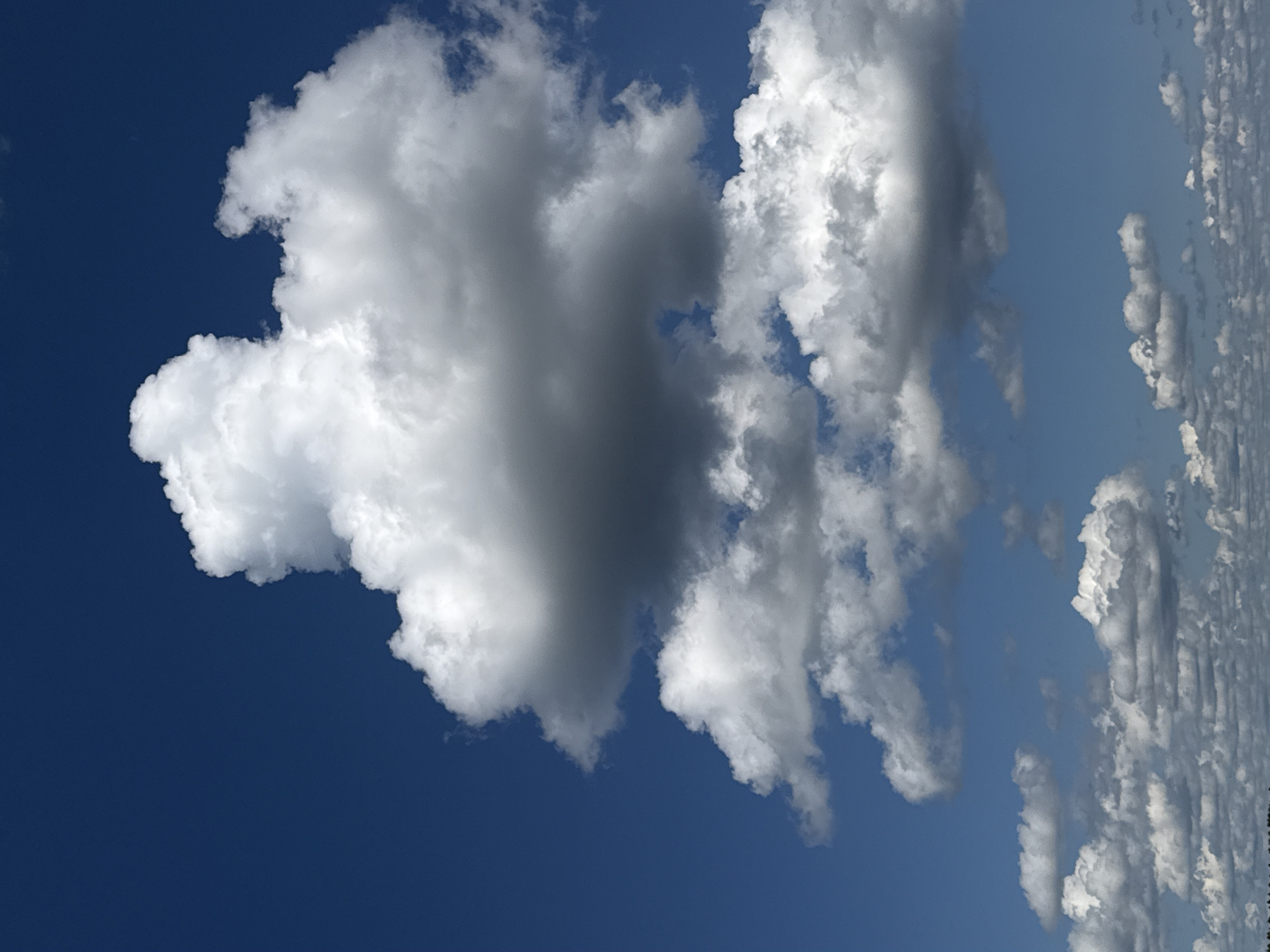 A vertical, medium shot captures a vast expanse of a deep blue sky dominated by a dramatic formation of white and gray cumulus clouds. The clouds are voluminous and appear to be in various stages of development, with some brightly illuminated by sunlight and others casting shadows, indicating depth and texture. The bottom portion of the image shows a distant, hazy horizon line, suggesting a landscape or cityscape beneath the sky, though it is not clearly discernible. The overall impression is one of a dynamic and expansive sky. The image is tagged with the location of Kozmodemyansk, Russia.