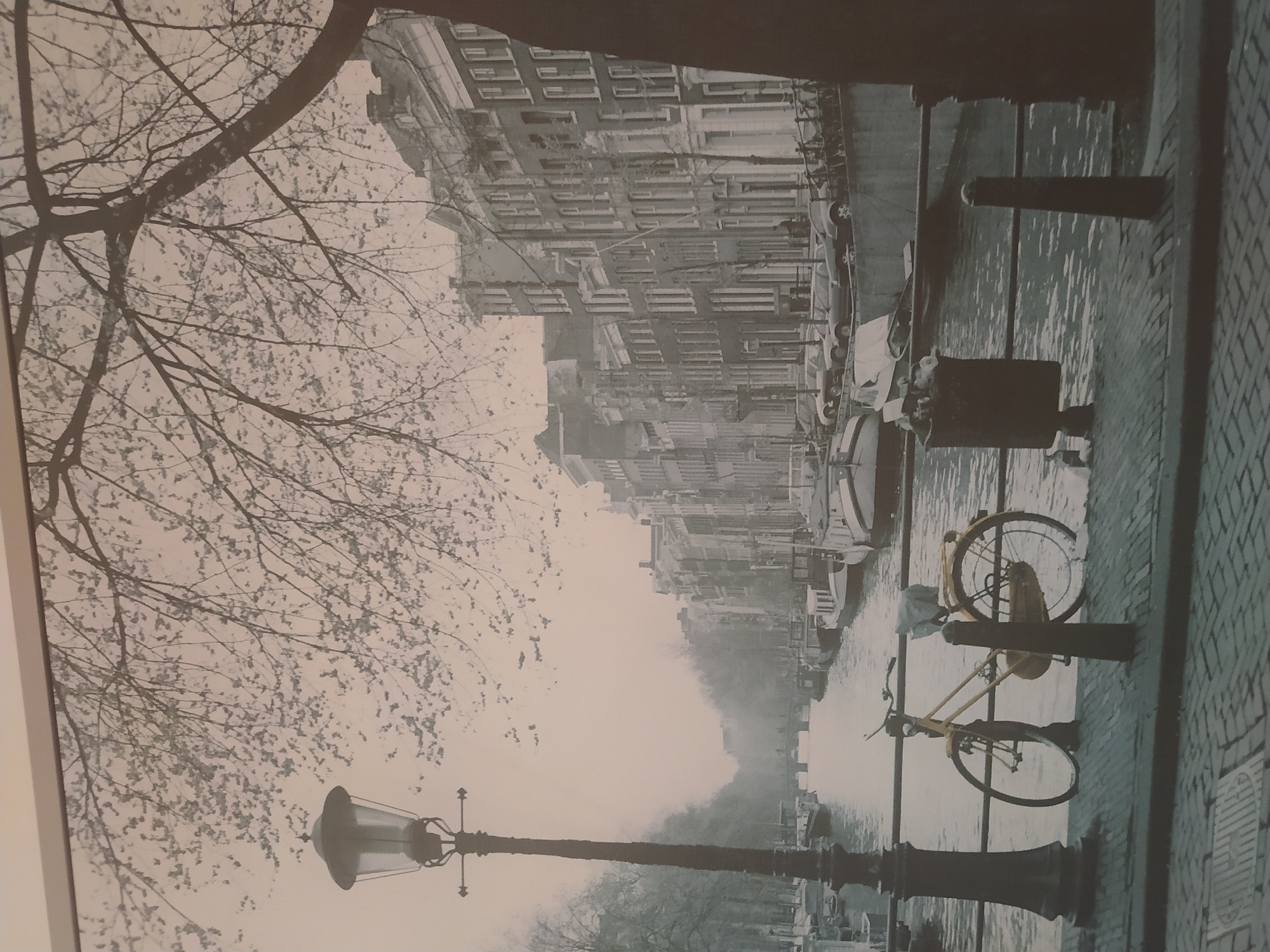 This is a black and white photograph of a canal scene in a European city, likely Amsterdam. In the foreground, a yellow bicycle is parked on a cobblestone walkway next to a canal. The bicycle has a cloth bag draped over its rear rack. To the left of the bicycle, a lamppost stands tall. The canal is lined with boats, some of which are moored. Across the canal, a row of historic buildings with tall, narrow facades stands along the opposite bank. Trees with bare branches are visible on the left side of the canal, and the bare branches of a large tree overhang the scene from the right. A bridge can be seen in the distance, spanning the canal. The overall atmosphere is quiet and somewhat overcast, suggesting a cool day.