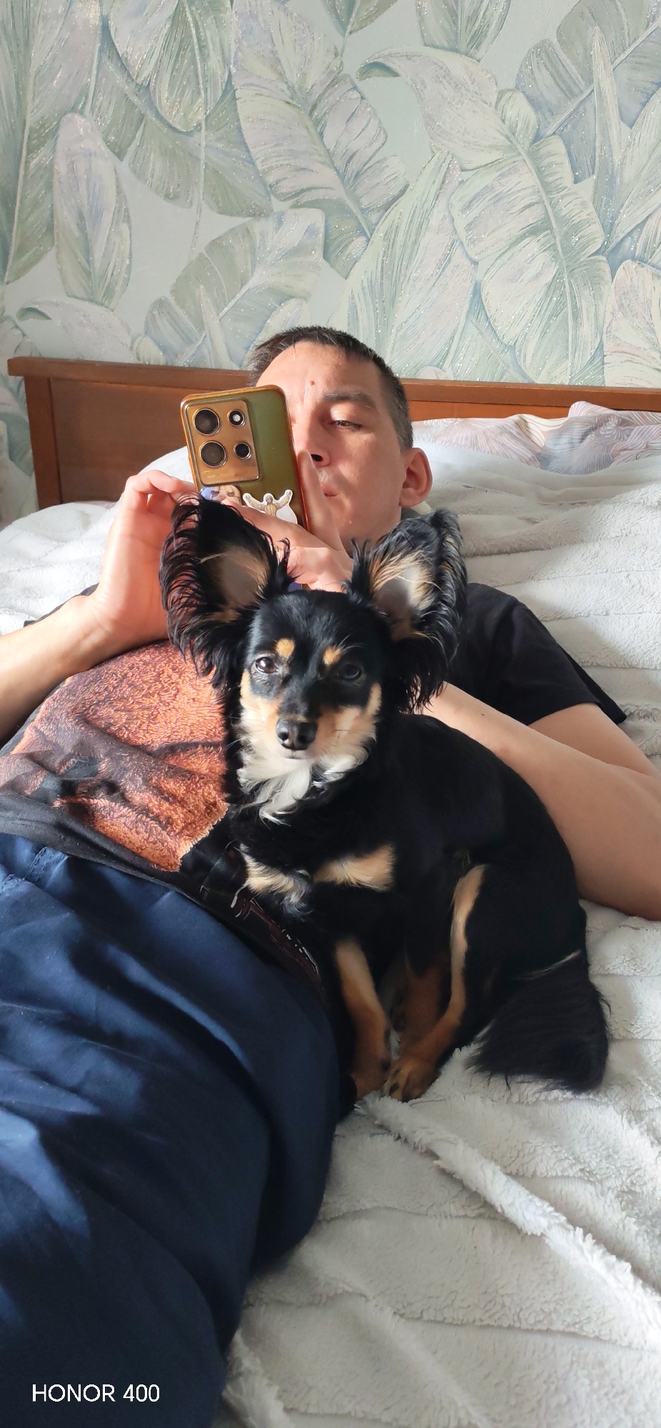 A man and a dog are indoors, reclining on a bed. The man is holding a mobile phone in front of him. The dog, a black and tan Chihuahua, is sitting on the man's chest. The background is a wall with a leafy pattern. The phone says "HONOR 400" at the bottom left corner of the photo. The location is inferred to be in Noviy, Russia.