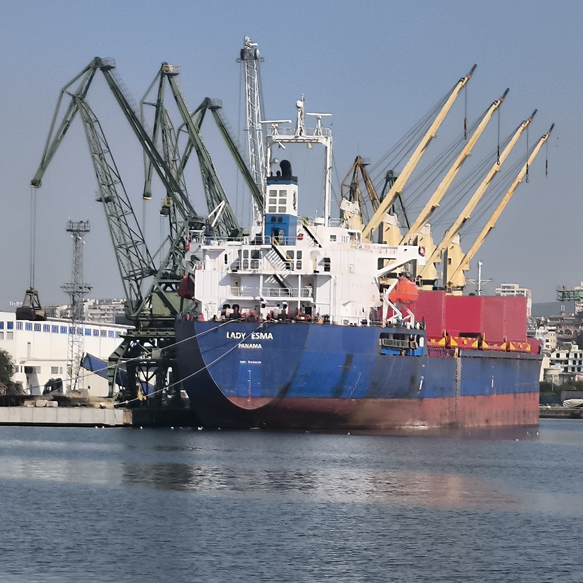A large cargo ship, identified as "LADY ESMA PANAMA," is docked in the Port of Varna, Bulgaria. The ship, painted blue and red, is positioned at a quay with a white building in the background. Several industrial cranes, some painted olive green and others yellow, surround the ship, suggesting cargo loading or unloading operations. The cranes are tall structures with angled booms, some extending over the ship. The water in the foreground appears calm with reflections of the sky and surrounding structures. The sky is clear and blue. The scene depicts a busy port environment.