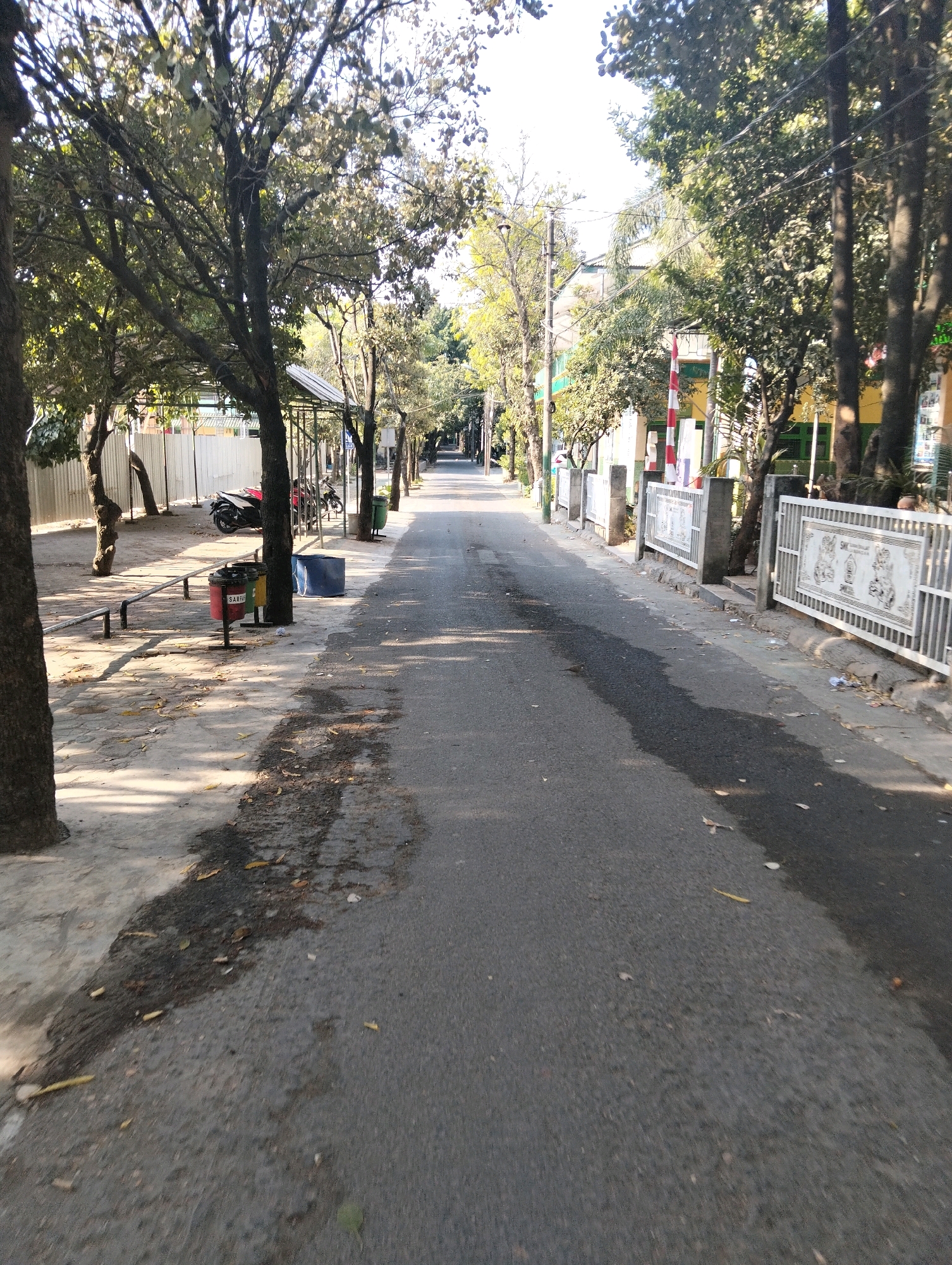 The image shows a street in Paciran, Indonesia, bordered by trees and buildings. On the left side of the street, there is a sidewalk with a bench and several trash cans, including a red one with the word "SAMPAH" (Indonesian for "trash") written on it. A motorcycle is parked on the left side of the street. The right side of the street has a white fence with decorative panels, and behind the fence, there are buildings with green window frames. The street itself is paved and appears to be relatively clean, with some fallen leaves scattered on the asphalt. The sky is bright, suggesting it is daytime.