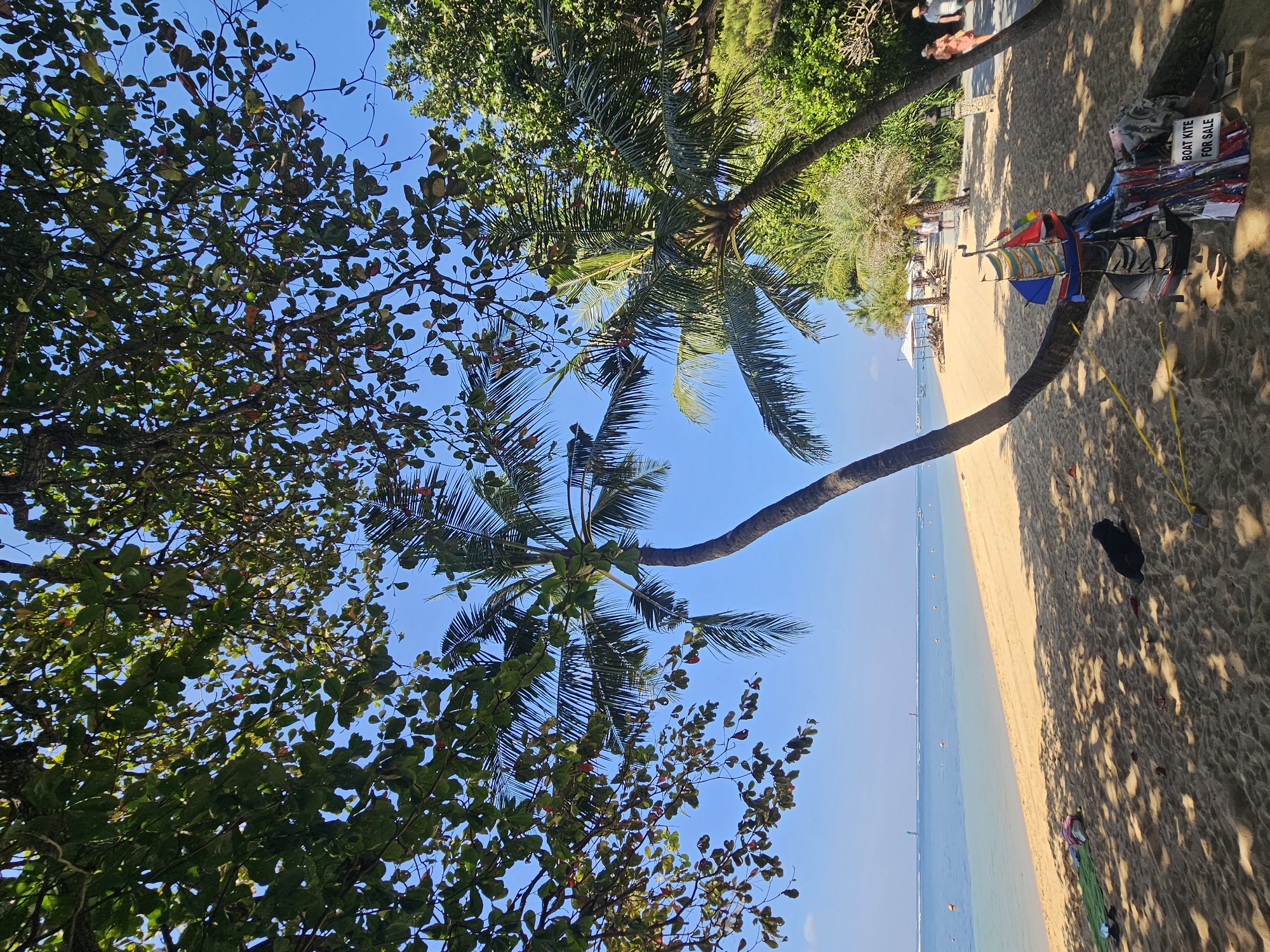A sunny, sandy beach scene in Denpasar, Indonesia. A curved palm tree leans over the sand in the foreground, casting dappled shadows. To the right, a colorful toy boat and a "BOAT KITE FOR SALE" sign are propped against the tree. Further down the beach, several beach umbrellas and lounge chairs are set up, with a few people strolling along the sandy path. The ocean is visible in the background with several small boats on the water. The sky is clear and blue, and lush green trees line the edge of the beach.