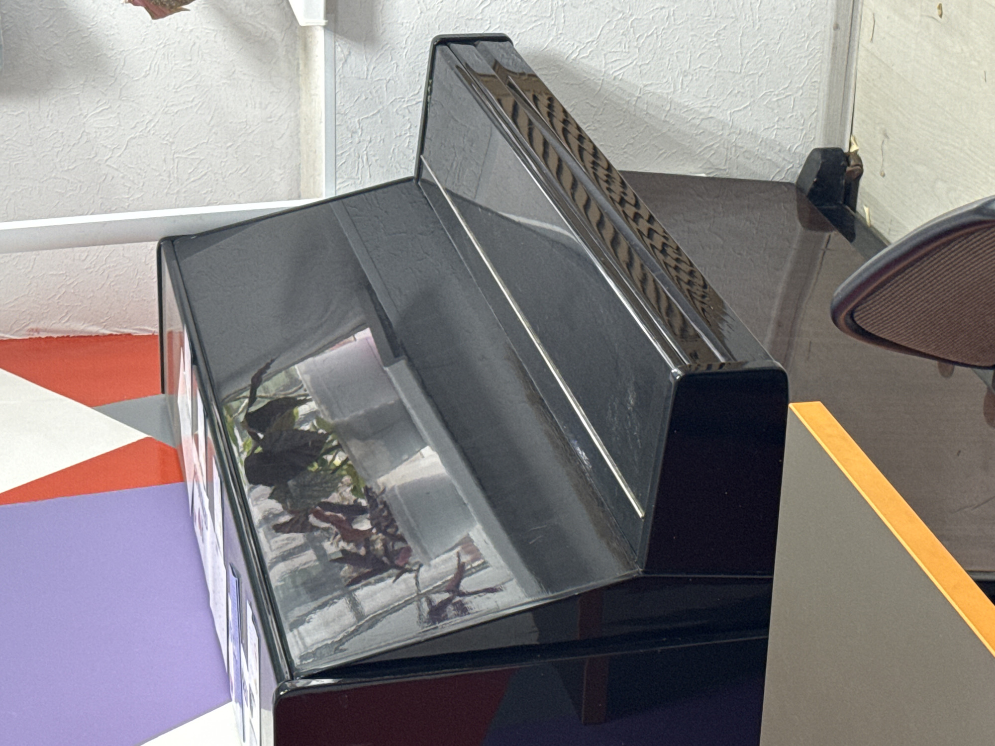 The image shows a black, likely glass, aquarium with plants inside. The aquarium sits on a surface with geometric patterns of purple, red, and white. The background consists of a wall with textured wallpaper and a desk area. A part of a chair is visible on the right side. The image does not provide information to determine a location in Perm, Russia.