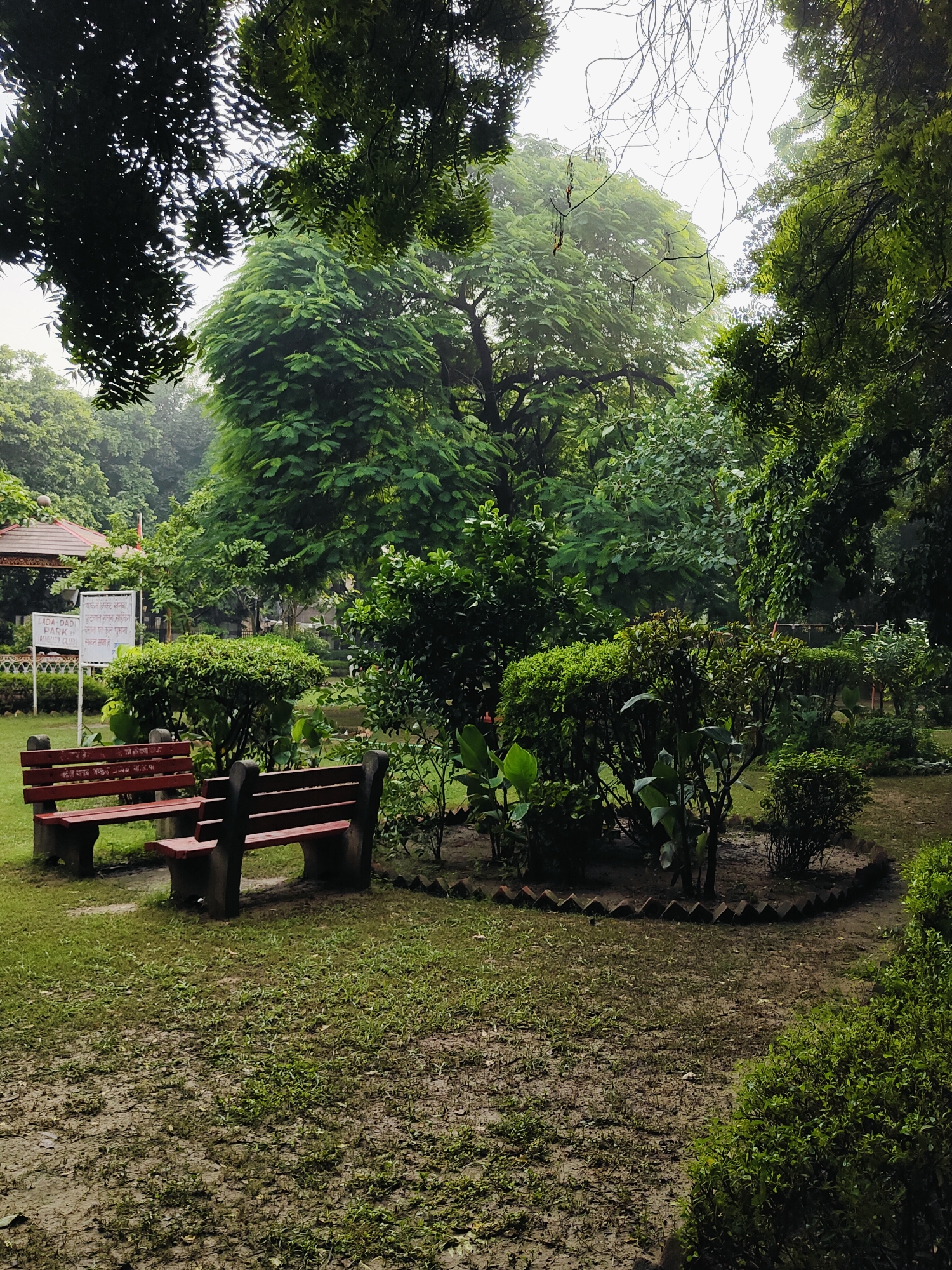 The image depicts a park in Gurgaon, India, likely on an overcast day given the soft lighting. In the foreground, two red park benches with concrete legs are placed on a patch of grass. Behind the benches, a circular flower bed, bordered by red bricks, contains various green plants and shrubs. Further back, a larger, dense green tree dominates the center of the frame, with other lush trees and foliage surrounding it. To the left, a small gazebo-like structure and two white informational signs are visible. The overall scene is tranquil and natural, suggesting a public park setting.