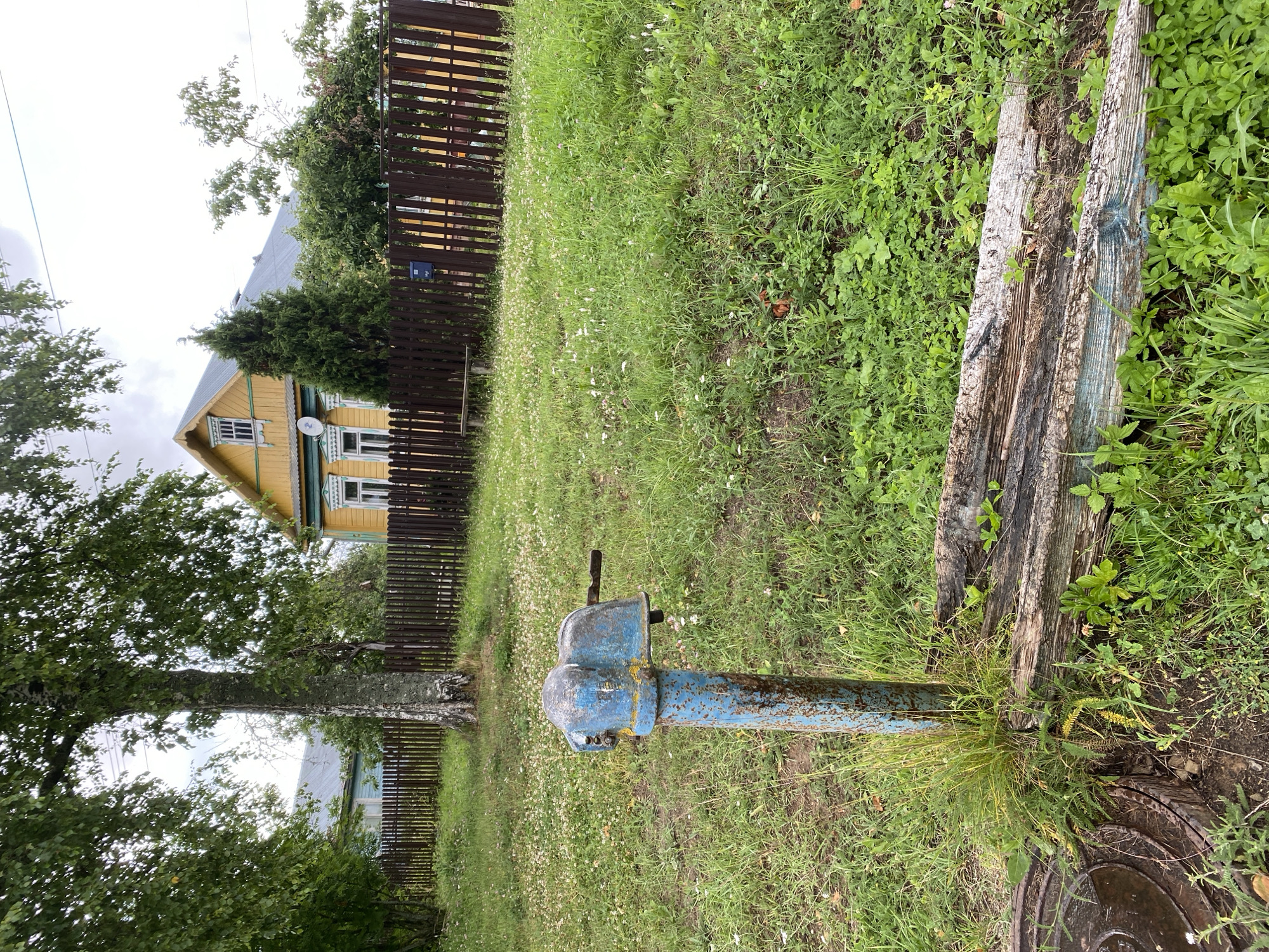 A weathered, blue manual water pump stands in the foreground of a grassy yard. The pump has a rusty, circular base with a metal cap. To the right of the pump, two weathered wooden planks lie horizontally on the ground. In the background, a dark brown wooden fence encloses the yard. Beyond the fence, a traditional yellow wooden house with a gray roof is visible, alongside a smaller blue house. A large birch tree with green leaves is positioned to the left of the yellow house. The ground is covered in green grass and scattered white flowers. The sky above is overcast.