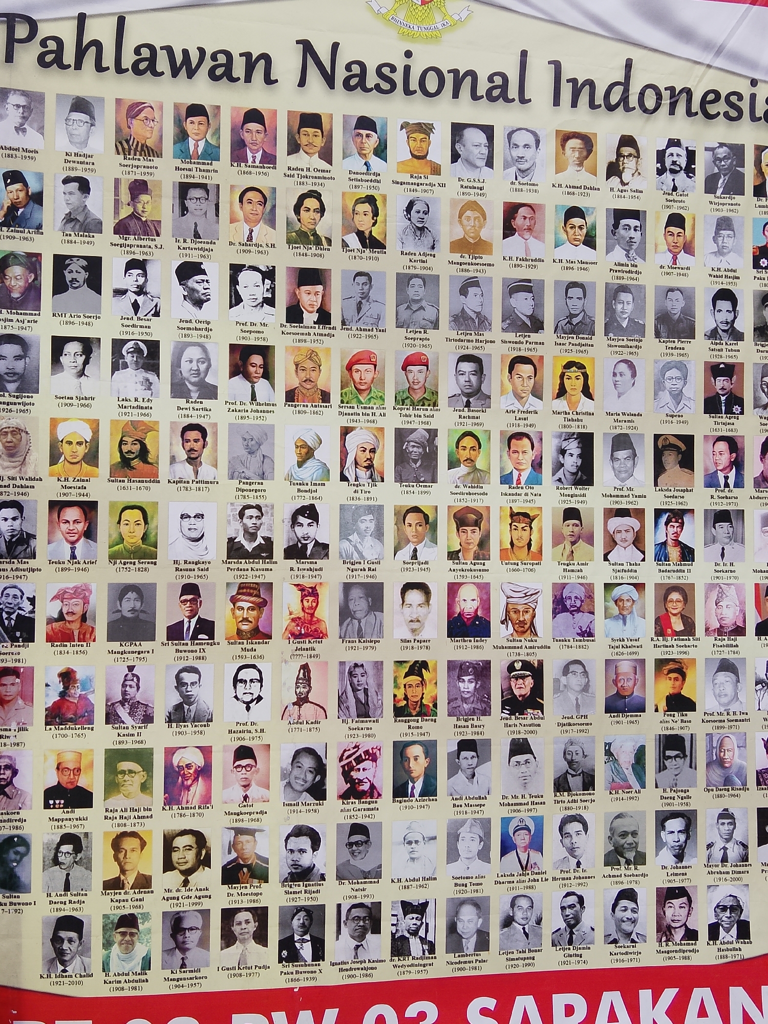 The image is a photograph of a large wall display featuring portraits of Indonesian national heroes. The display is organized in a grid of multiple rows and columns, with each portrait accompanied by the name of the hero and their birth and death years. The portraits appear to be a mix of photographs and illustrations, rendered in color and black and white. The overall tone of the display is formal and commemorative.
The location mentioned is Cikukulu, Indonesia. However, the image itself does not contain any visual cues or context that would allow for confirmation of this specific location. The background of the photograph appears to be a wall, but no identifying features of the environment are visible. The focus is entirely on the display of the heroes' portraits. There are no people visible in the image actively interacting with the display or in the immediate vicinity. The lighting suggests an indoor setting, possibly a public building or museum.