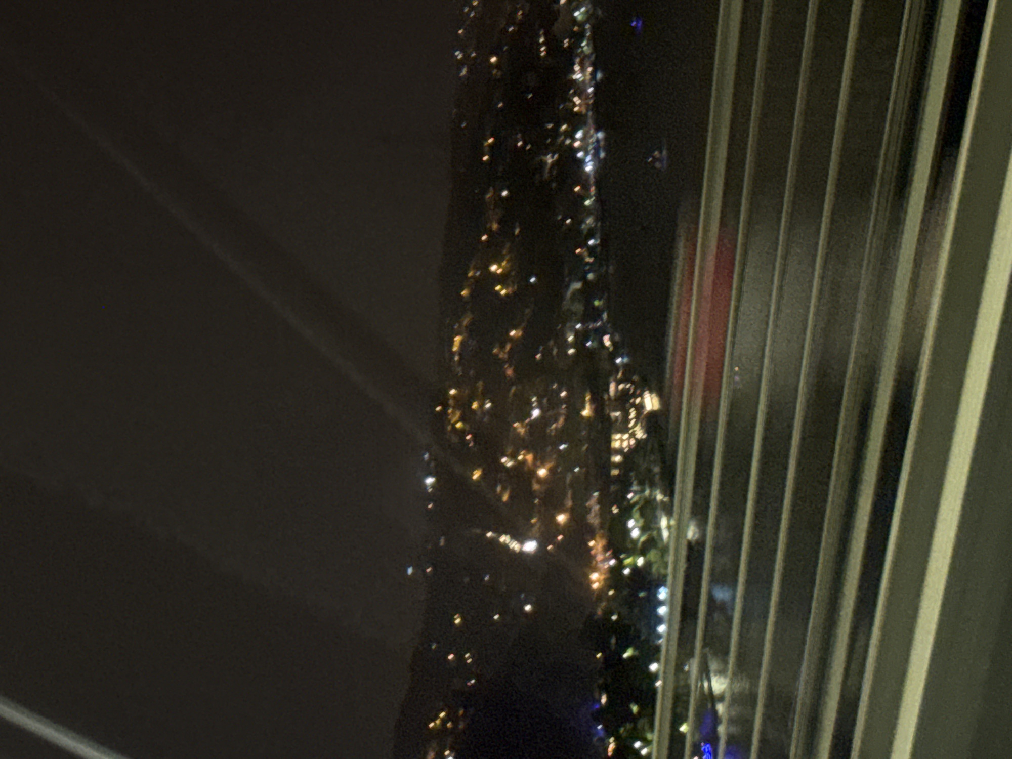 The image shows a night view from what appears to be a high-rise building. Outside the window, a dark cityscape with scattered lights is visible. A series of vertical metal bars partially obscure the view. The location is indeterminate but assumed to be an urban environment based on the presence of city lights. No people, specific actions, or interactions are observable in the image. The environment is urban and nighttime.