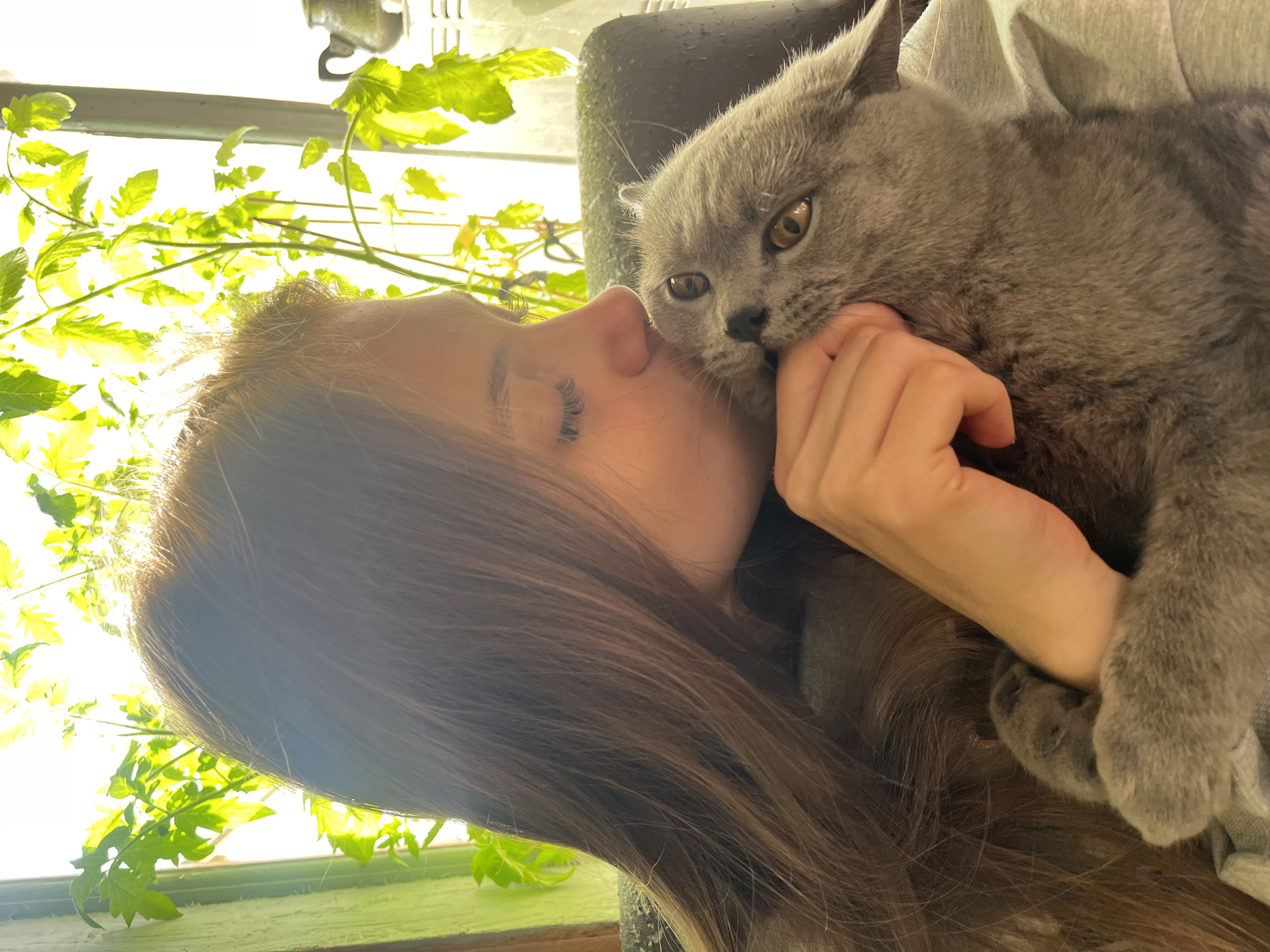 A woman is holding a gray cat up to her face. She is on the left and is facing the cat. The cat is on the right and is facing the woman. The woman's hand is holding the cat's face. There is green foliage in the background. The exact location is not discernible from the image and thus, cannot be confirmed to be Фоки, Russia.