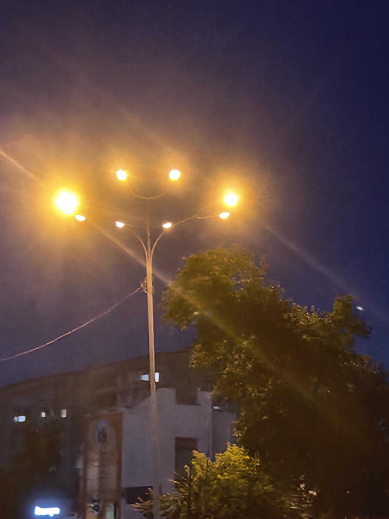 The media file captures a street scene at dusk or night. The primary subject is a street lamp with multiple lights, illuminating the surrounding area with a warm, orange glow. These lights create a distinct halo effect, suggesting the presence of fog or mist in the air. The sky is a deep blue, transitioning to a lighter purple hue near the horizon.
In the background, a building is visible, with several illuminated windows suggesting occupancy. A large tree with dense foliage is positioned to the right of the street lamp, its leaves catching the artificial light and appearing in shades of yellow and dark green. A banner or sign hangs on the building, though the text is not clearly legible. The overall mood of the image is atmospheric, with the low light and atmospheric haze creating a somewhat mysterious or tranquil ambiance. The scene appears to be an urban or semi-urban environment.