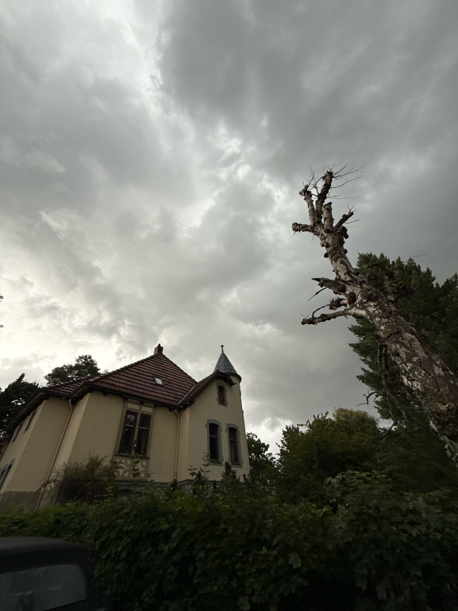 The image shows a residential building with a red tiled roof and a conical tower, situated in a lush green environment with mature trees. The sky is overcast with heavy, grey clouds, suggesting a gloomy or stormy atmosphere. To the right of the building, a large, bare, dead tree with gnarled branches stands prominently against the sky. In the foreground, a dark, parked car is partially visible. The architecture of the building suggests it might be located in the town of Bad Sachsa, Germany, known for its picturesque settings and historical buildings.