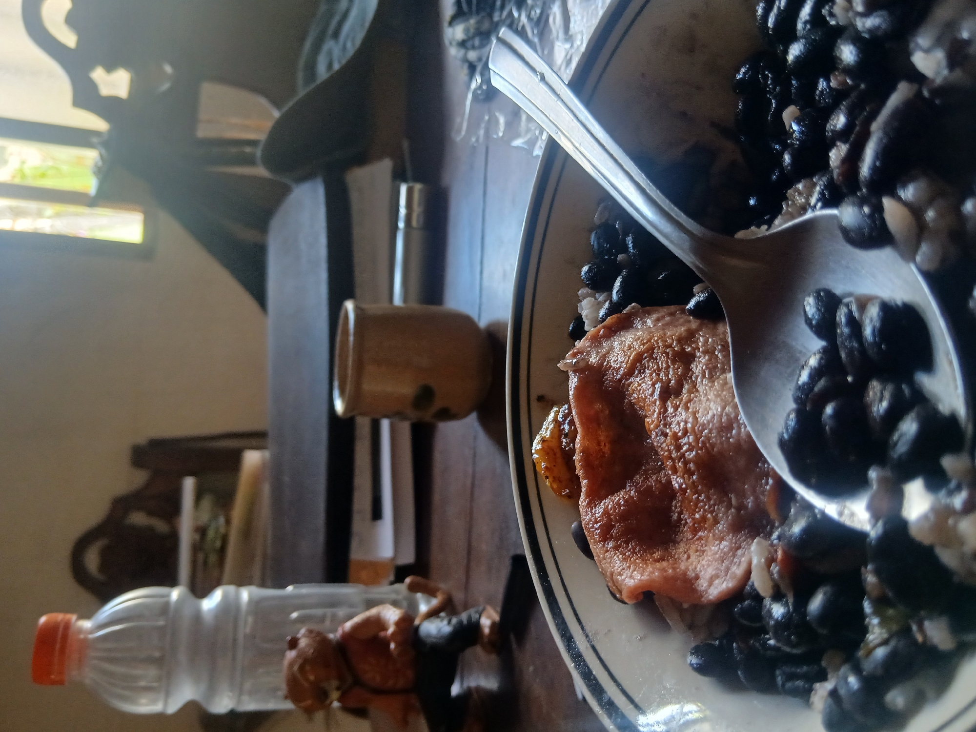 The image shows a close-up of a bowl of black beans and rice with a piece of meat, likely pork, on top. A silver spoon is placed in the bowl, with some of the food on it. In the background, a plastic water bottle with an orange cap is visible, along with a small figurine of a brown animal. There is also a ceramic cup and what appears to be a book or folder on a wooden table. A wooden chair with an ornate back is in the far background, near a window with natural light streaming in. The scene appears to be set in a home environment. The specific location in Santa Ana, Venezuela cannot be determined from the image alone.
