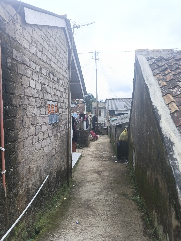 This image depicts a narrow, unpaved alleyway in a residential area of Bien Hoa, Vietnam, under an overcast sky. The alley runs between two buildings, receding into the distance.
On the left, a wall constructed from gray concrete blocks exhibits weathering and moss growth along its base. A small opening in this wall features orange-brown perforated bricks above blue elements. A vertical orange pipe, secured by white clips, descends the wall, with a horizontal white PVC pipe positioned lower. The roof of this building, partially visible, is corrugated metal and supports a Yagi-style antenna. Further down the alley on the left, laundry hangs on a line or rack near an entrance, adjacent to a concrete basin, and a red fabric object is visible on the ground.
On the right, a wall composed of a dark, rough material is heavily stained with dark patches and green moss/algae. Its sloped roof features weathered, reddish-brown clay tiles topped with a concrete ridge cap. Near the mid-ground on this side, a dark bin or container has a yellow plastic bag suspended from it.
The ground of the alleyway is compacted earth or dirt, uneven, with minimal debris. A wooden utility pole with multiple wires stands in the mid-distance, and additional modest residential structures are visible further along the alley and in the background, interspersed with some trees. No identifiable individuals are present. The scene is static.