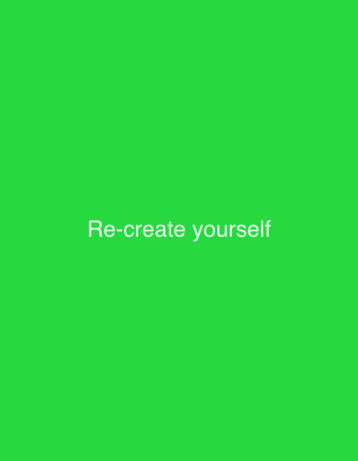 A white text overlay reading "Re-create yourself" is centered on a bright green background. The text is in a sans-serif font. The image is a digital graphic with no discernible real-world location, and therefore cannot be located in Kabong, Nigeria.