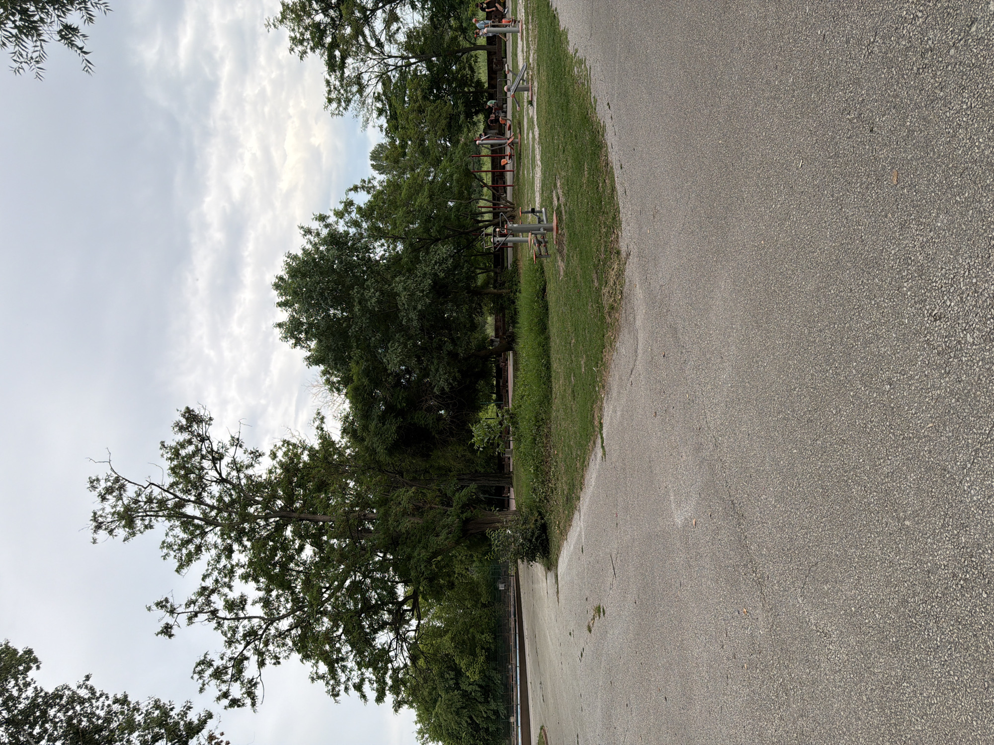 The image depicts an outdoor park area with asphalt pathways and a grassy area in the city of Pazardzhik, Bulgaria. In the background, there is an outdoor gym with several pieces of equipment, and some people are visible exercising and socializing. The park is surrounded by trees and the sky is overcast. The perspective is from a pathway looking towards the gym area.