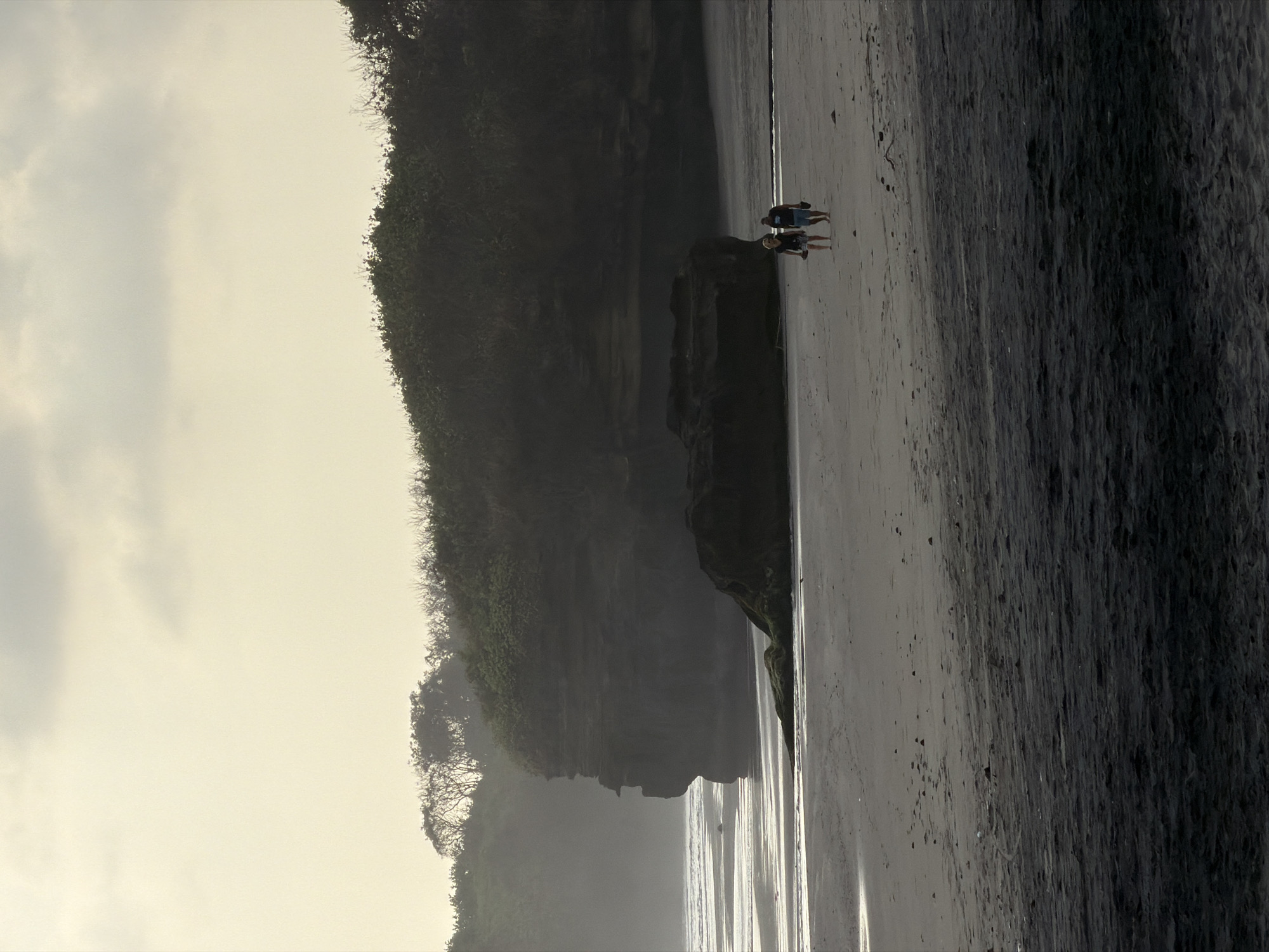 This image captures a serene beach scene in Selemadeg, Indonesia, characterized by its unique dark sand and dramatic volcanic rock formations. Two individuals, a man and a woman, are depicted walking along the shoreline, their figures silhouetted against the muted light of a cloudy sky. The man is wearing a dark t-shirt and blue shorts, while the woman is in a patterned dress. Both are carrying footwear in their hands, suggesting a leisurely stroll.
The beach itself is a striking contrast of textures and colors, with a foreground of dark, coarse sand transitioning to lighter, wet sand closer to the water's edge. The ocean is calm, with gentle waves lapping at the shore. Dominating the mid-ground are imposing, dark volcanic cliffs, weathered and textured by time and the elements. Dense green vegetation covers the tops of these cliffs, creating a stark, almost primal backdrop. In the distance, the coastline curves, and trees can be seen along the horizon. The overall atmosphere is one of quiet contemplation and natural beauty.