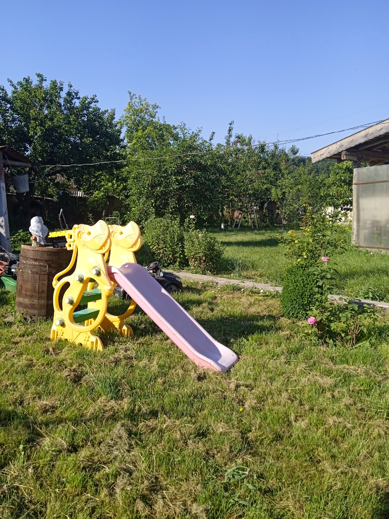 The image depicts an outdoor scene in Vehtovo, Bulgaria, characterized by a bright, clear blue sky. In the foreground, a yellow plastic slide with two duck-shaped supports is positioned on a grassy area. The slide itself is a pale pink color. To the left of the slide, a dark wooden barrel stands, topped with a white bird statue. Behind the barrel and slide, various green trees and bushes form a dense backdrop. To the right, a section of a greenhouse with a translucent roof is visible. The ground is covered in green grass, with patches of mown grass clippings scattered throughout. The overall environment suggests a residential backyard or garden area.