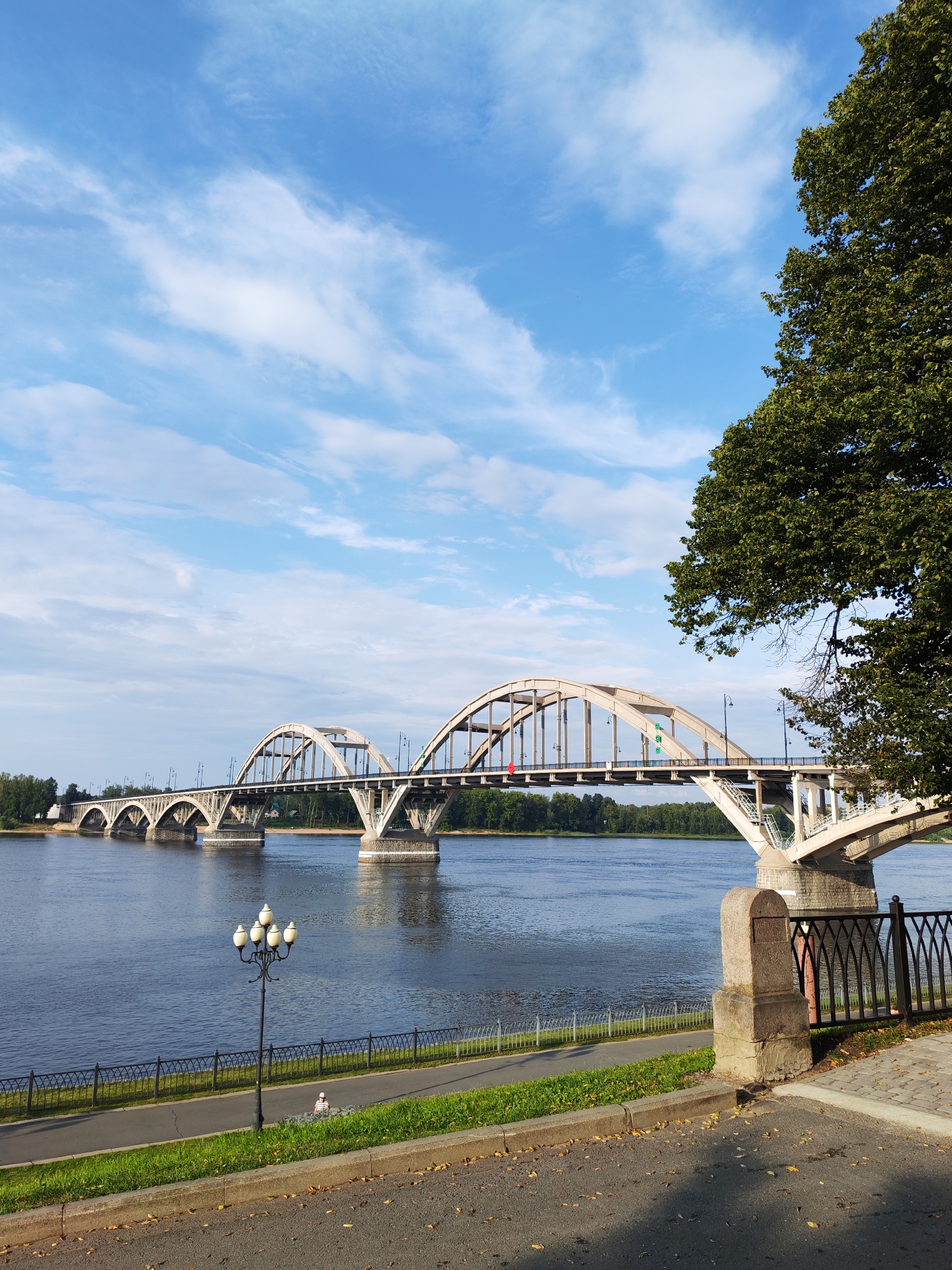 The image depicts the Bol'shie Mkhi bridge, a grand structure spanning a wide river under a bright blue sky with scattered white clouds. The bridge, constructed of concrete and steel, features multiple arches and is lined with streetlights. On the riverbank, a paved walkway runs alongside a grassy area, bordered by a decorative black metal fence. A single, ornate lamppost stands near the walkway, and a person is visible in the distance walking along the path. To the right, a mature tree with dense green foliage partially obscures the sky. The water of the river is a deep blue, reflecting the sky and the bridge. The scene appears to be a calm, sunny day in a park-like setting by the river.