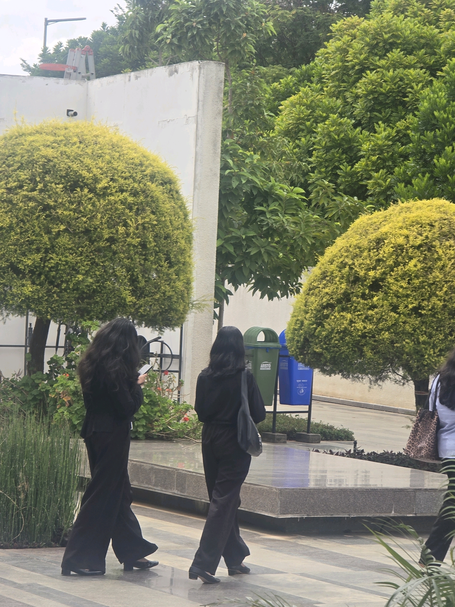 In Ittagalapura, India, two individuals in black attire are walking away from the camera on a paved walkway. The person on the left has long, dark, wavy hair and is holding a smartphone. The person on the right is also wearing black pants and appears to be carrying a grey shoulder bag. Behind them, to the left, is a large, rounded, yellow-green shrub. Further behind, a white wall is visible with a ladder and a light fixture on top. To the right of the first shrub, a second, larger, rounded, yellow-green shrub stands. Two trash bins, one green and one blue, are situated behind the shrubs. The environment is lush with various green trees and plants, suggesting an outdoor, possibly park or garden setting. The pavement has a reflective surface.