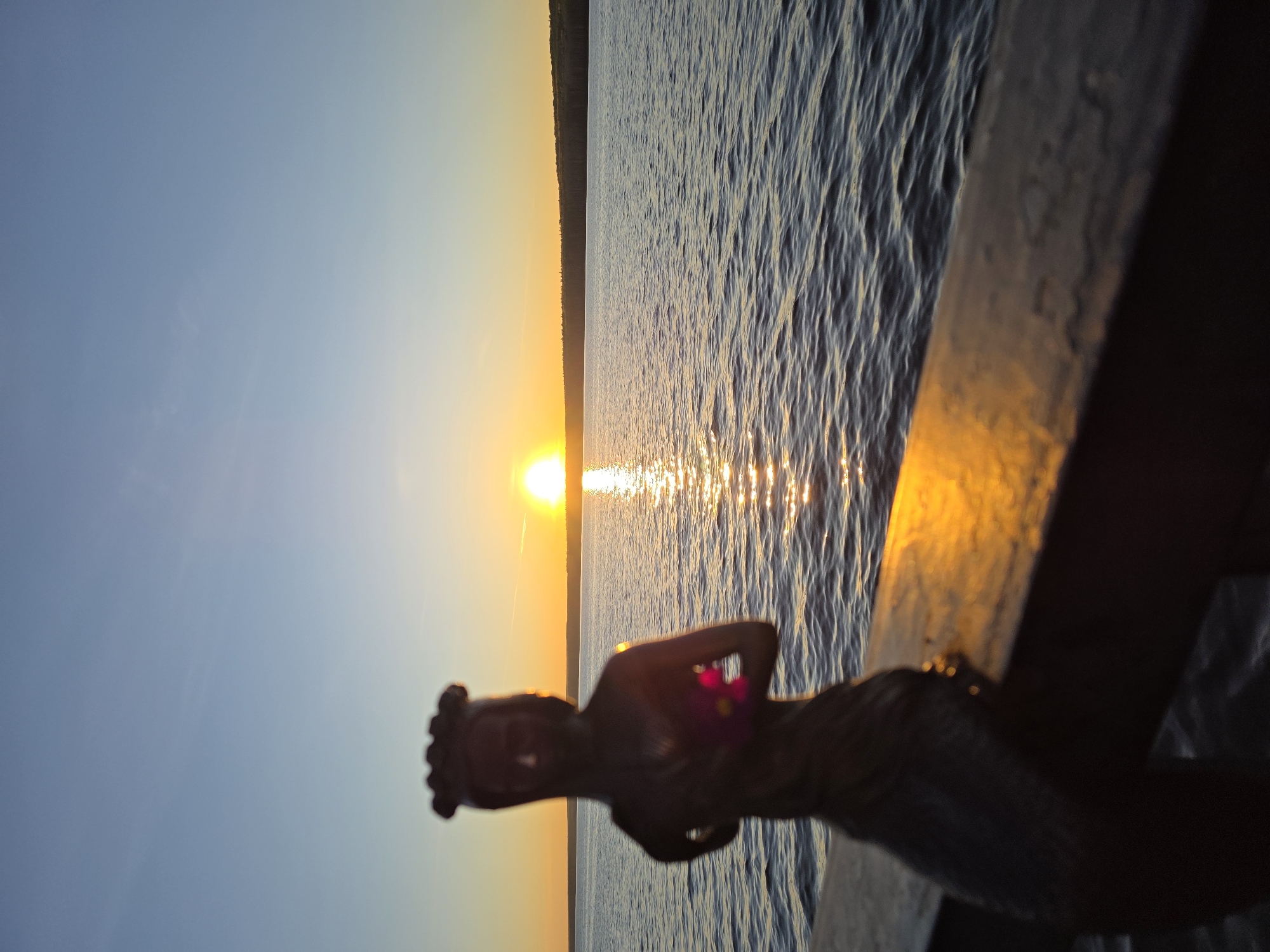 Here is a detailed description of the image:
The image appears to be taken at dusk or dawn, with the sun low on the horizon, reflecting off the water. A dark, silhouetted figure of a woman is in the foreground. She appears to be wearing a garment or top that has some floral design. She is standing next to what seems to be a wooden railing or structure. The background contains a body of water that spans across the image, likely a lake. Across the lake is a treeline. The sky transitions from blue to orange as the sun sets, casting a golden glow on the water's surface.
It is impossible to confirm the location of this image as being in the city of Chaikovsky, Russia, without additional information or clues present in the image.