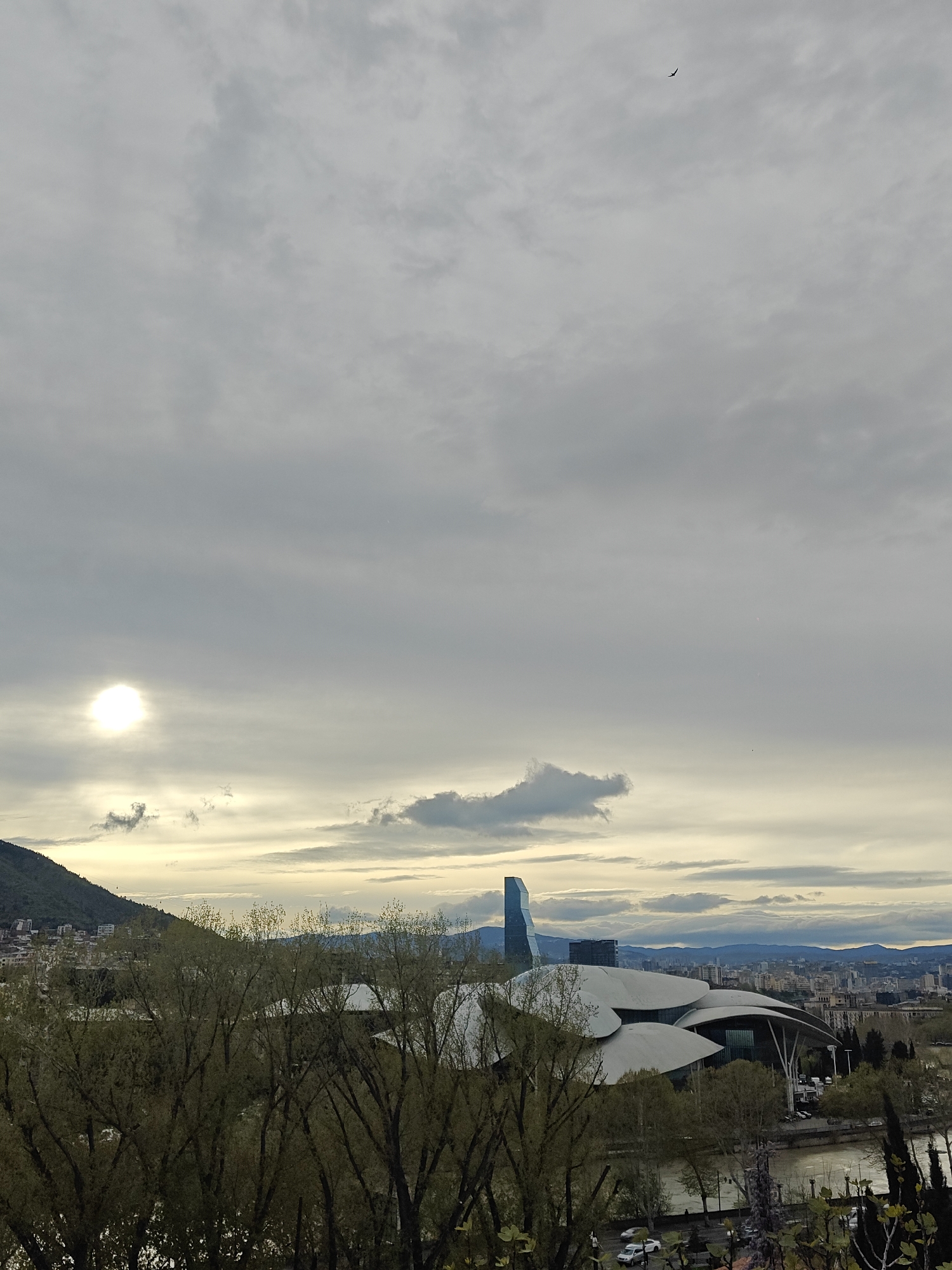 The image presents a wide, elevated view of Tbilisi, Georgia, under an overcast sky during what appears to be late afternoon or early evening. The scene encompasses a vibrant urban landscape set against natural elements.
In the foreground, a dense canopy of trees with light green foliage, likely deciduous trees in spring, partially obscures the view of the city. Beyond these trees, a significant architectural complex dominates the mid-ground. This is the Public Service Hall, characterized by its distinctive, large white, curved roof structures that resemble mushroom caps or shells. To the left and slightly behind it, a tall, dark, and sleek skyscraper, consistent with the Biltmore Hotel Tbilisi, rises prominently.
To the right of the Public Service Hall, a river, identifiable as the Kura River (Mtkvari River), flows through the city, with roads and cars visible along its banks. The city stretches into the distance, with numerous buildings and structures creating an urban sprawl that eventually meets a range of mountains on the horizon. To the left, a lush green hill with some scattered buildings contributes to the layered landscape.
The sky occupies a large portion of the upper frame. It is heavily clouded, with various shades of grey, though a bright, diffuse sun is visible in the lower-left sky, casting a soft glow that illuminates the clouds and landscape with warm, muted tones. A tiny dark speck, possibly a bird or a distant aircraft, is noticeable against the clouds in the upper-right area.
There are no discernible people or visible text in the image. The overall atmosphere is calm and expansive, showcasing a modern city integrated with its natural surroundings under a dramatic sky.