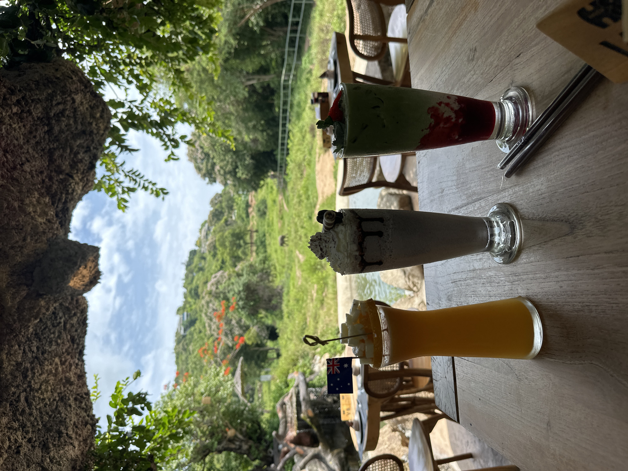 In Ko Samui District, Thailand, this image captures a table with three drinks: an orange juice, a chocolate milkshake, and a green drink with red syrup. The table is made of wood. In the background, a lush green landscape with trees and a small waterfall is visible. Two elephants are grazing in the distance. The scene is framed by a rocky overhang and lush foliage.