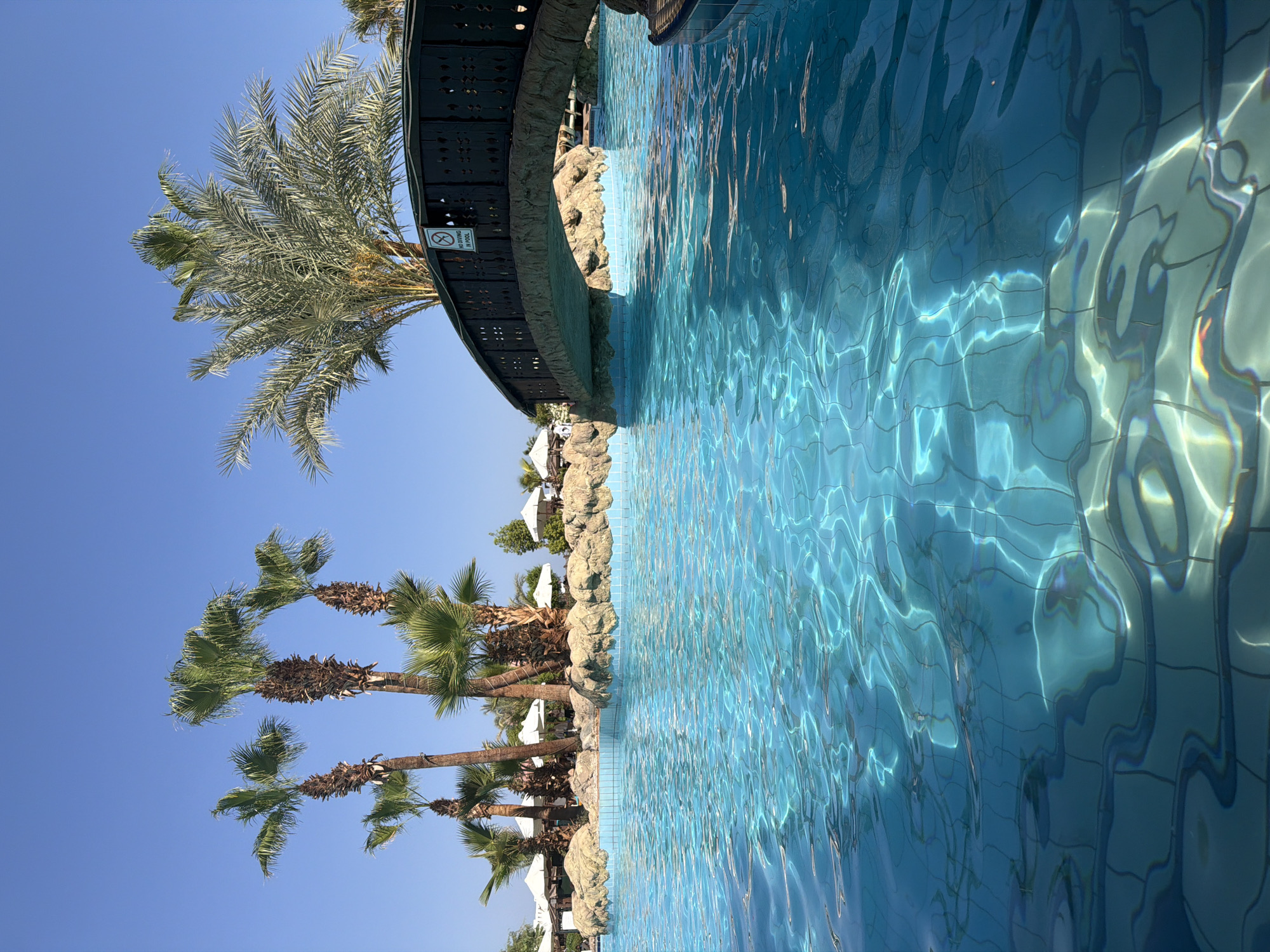 The image depicts a resort swimming pool in Sharm El Sheikh, Egypt. The foreground is dominated by the clear turquoise water of the pool, with sunlight reflecting off its surface and illuminating the tiled bottom. In the midground, a decorative stone bridge arches over a section of the pool, flanked by artificial rock formations and several palm trees. A "No Diving" sign is visible on the side of the bridge. In the background, more palm trees, white umbrellas, lounge chairs, and glimpses of resort buildings suggest a tropical vacation setting. The sky is a clear, bright blue.