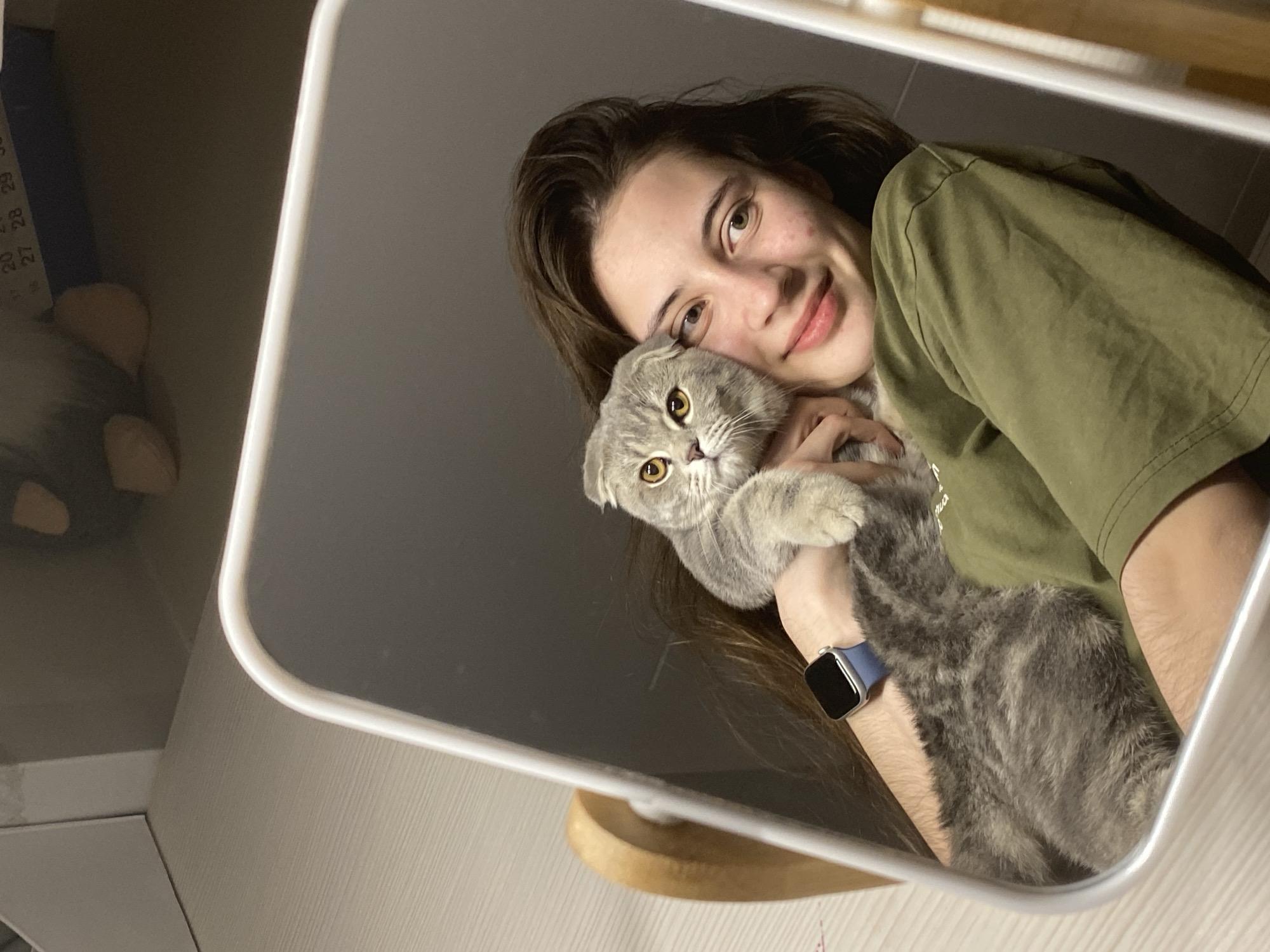 A mirror selfie captures a young woman and a Scottish Fold cat in an indoor setting. The woman, with dark hair and a gentle smile, is looking towards the camera, holding the grey tabby cat close to her chest. She is wearing an olive green t-shirt and a blue Apple Watch on her left wrist. The cat, with prominent yellow eyes and folded ears typical of its breed, also appears to be looking towards the camera with a neutral expression.
The mirror frame is visible, with a wooden base at the bottom suggesting it might be a tabletop mirror. In the reflected background on the left side, partial numbers resembling a calendar or ruler are visible, specifically "17, 20, 21, 27, 28, 29". Below these numbers, a soft toy or plush object with rounded features is also reflected. The lighting appears to be indoor and soft, highlighting the subjects. The overall mood of the image conveys a tender moment between the woman and her pet. The location context for this image is Votkinsk, Russia.