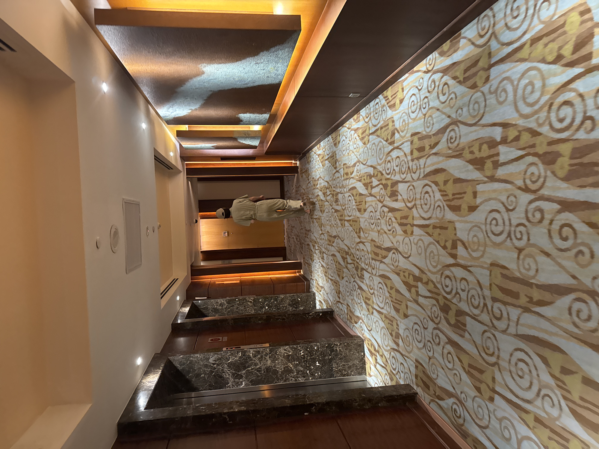 The image depicts an interior scene, likely a hallway or passageway. On the left, a cream-colored wall with embedded lights and a rectangular panel. The ceiling above features a complex design with a light-colored section in the center, framed by wood. The right side shows a decorative wall with swirling patterns in shades of beige and brown.
The floor appears to be a series of dark marble steps leading up to a room. In the room, a person is standing.
There is no location in the city of Đà Nẵng, Vietnam visible in the image.