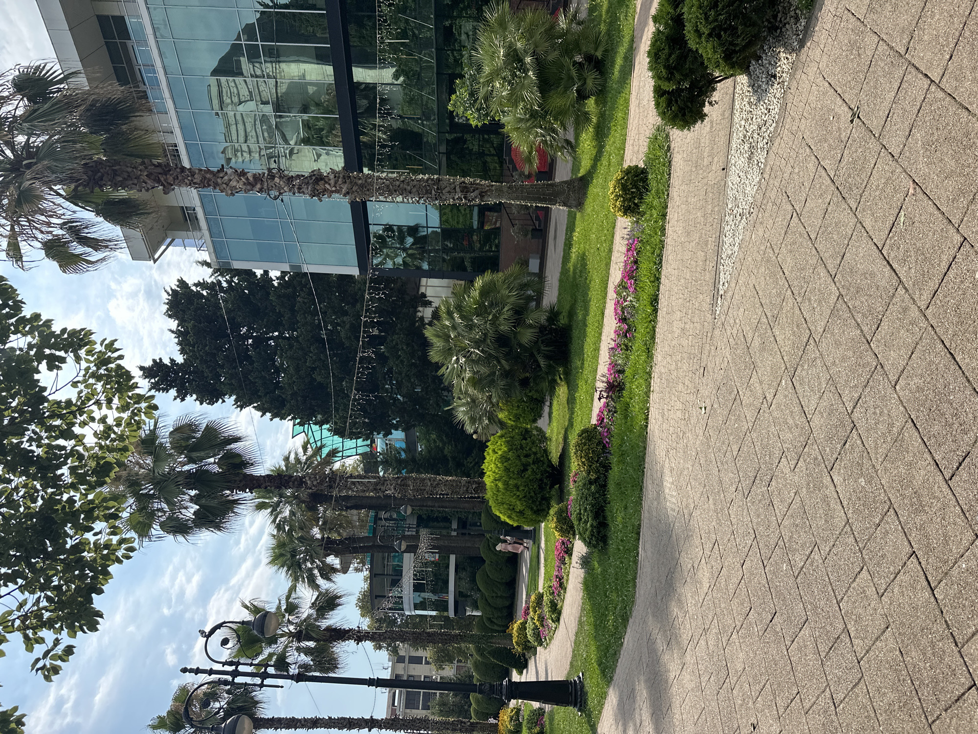 The image depicts a paved walkway in a park-like setting, likely in Sochi, Russia, given the presence of palm trees and a modern glass-fronted building. The walkway is constructed from light-colored paving stones arranged in a brick pattern. Lush green grass lines the walkway, interspersed with flower beds containing pink and purple flowers. Several palm trees, with their characteristic fronds, are visible, as are manicured bushes and shrubs. In the background, a multi-story building with a reflective glass facade stands prominently. A decorative lamppost is also present. The sky is partly cloudy. Two individuals, one wearing a light-colored dress and the other a darker garment, are walking on the walkway in the distance, partially obscured by foliage. The scene suggests a pleasant, well-maintained outdoor area, possibly a public space or a commercial establishment's grounds.