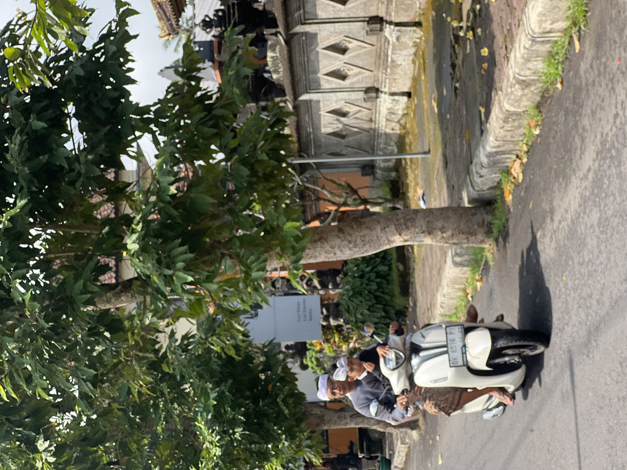 In Bangli, Indonesia, a man and a young child are riding a white scooter on a paved road. The man is driving, wearing a gray long-sleeved shirt, glasses, and a traditional white head covering. The child, seated in front of the man, wears a dark long-sleeved shirt and a similar white head covering. The scooter has a license plate that reads "DK 6516 PI". They are positioned on the left side of the road, with a concrete curb and sidewalk to their right. The sidewalk is lined with a low stone wall featuring diamond-shaped patterns and decorative pillars. Lush green trees with dense foliage overhang the road, casting shadows. Behind the wall, a traditional Indonesian building with ornate architecture and terracotta roof tiles is visible. The overall scene is one of everyday transportation within a culturally rich environment.