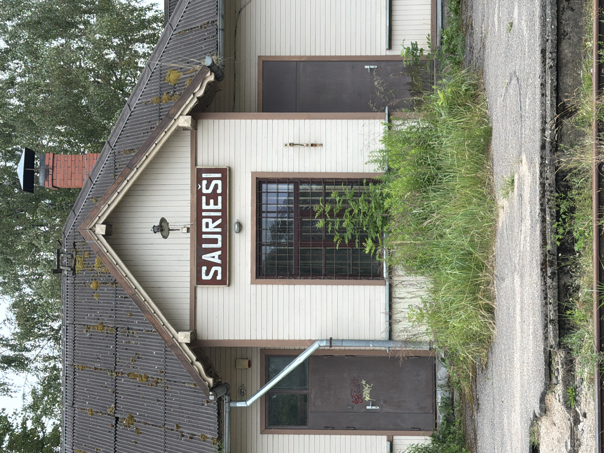 The image shows the exterior of a weathered train station building in Saurieši, Latvia. The building is a single-story structure with a light-colored wooden exterior and a dark, corrugated metal roof. A sign above the central entrance reads "SAURIEŠI" in white capital letters against a dark background. The building has two dark-colored doors on either side of a large window with metal bars. The window is partially obscured by overgrown green vegetation in front of it. The train station appears disused and is surrounded by unkempt grass and weeds. The foreground shows a cracked concrete platform and train tracks. The sky is overcast, and trees are visible behind the building.