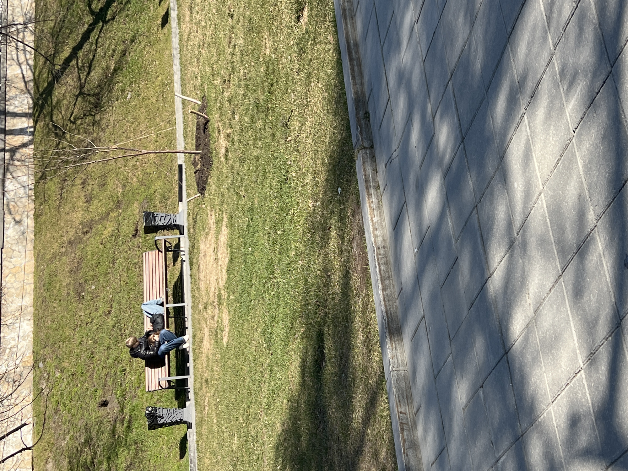 An aerial view captures an outdoor park or green space in Yekaterinburg, Russia, under bright sunshine. Two individuals are seated on a wooden park bench with metal frames. One person, wearing a dark jacket and blue jeans, is actively looking at a mobile device. The second person, partially visible next to them, is also wearing blue jeans. Two dark, rectangular trash bins are positioned on the grass next to the bench.
The ground is predominantly covered in green grass, with some patches appearing slightly less vibrant, suggesting early spring. A young, bare sapling is newly planted in the grass, evidenced by the disturbed soil around its base and the supporting stakes. Bare branches of larger trees cast long shadows across the grass on the left side of the frame.
A wide paved walkway, composed of light grey square tiles, runs along the right side of the image. This paved area is also partially covered by distinct shadows. The strong, elongated shadows indicate a sunny day, likely late morning or early afternoon, with clear skies. No visible text is present in the image.