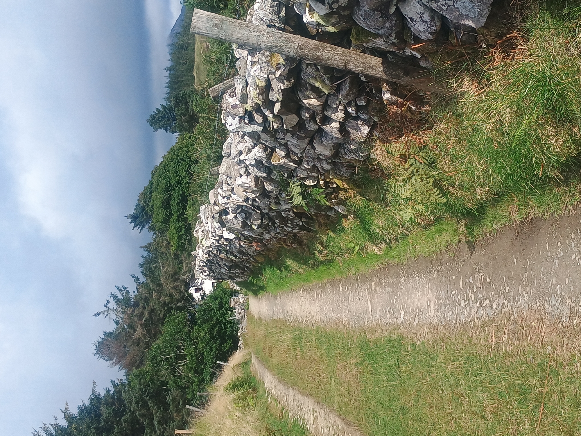 The image depicts a rural outdoor scene with a dry stone wall bordering a gravel path. The wall is constructed from irregular grey stones of varying sizes, with some moss and lichen present. A weathered wooden post is embedded in the wall on the right side of the image. The path is flanked by green grass and some dry vegetation. In the background, there are trees, including conifers and deciduous varieties, and a white building with a red roof can be seen nestled among them. The sky is overcast with dark clouds. The overall impression is of a remote, possibly mountainous, landscape.