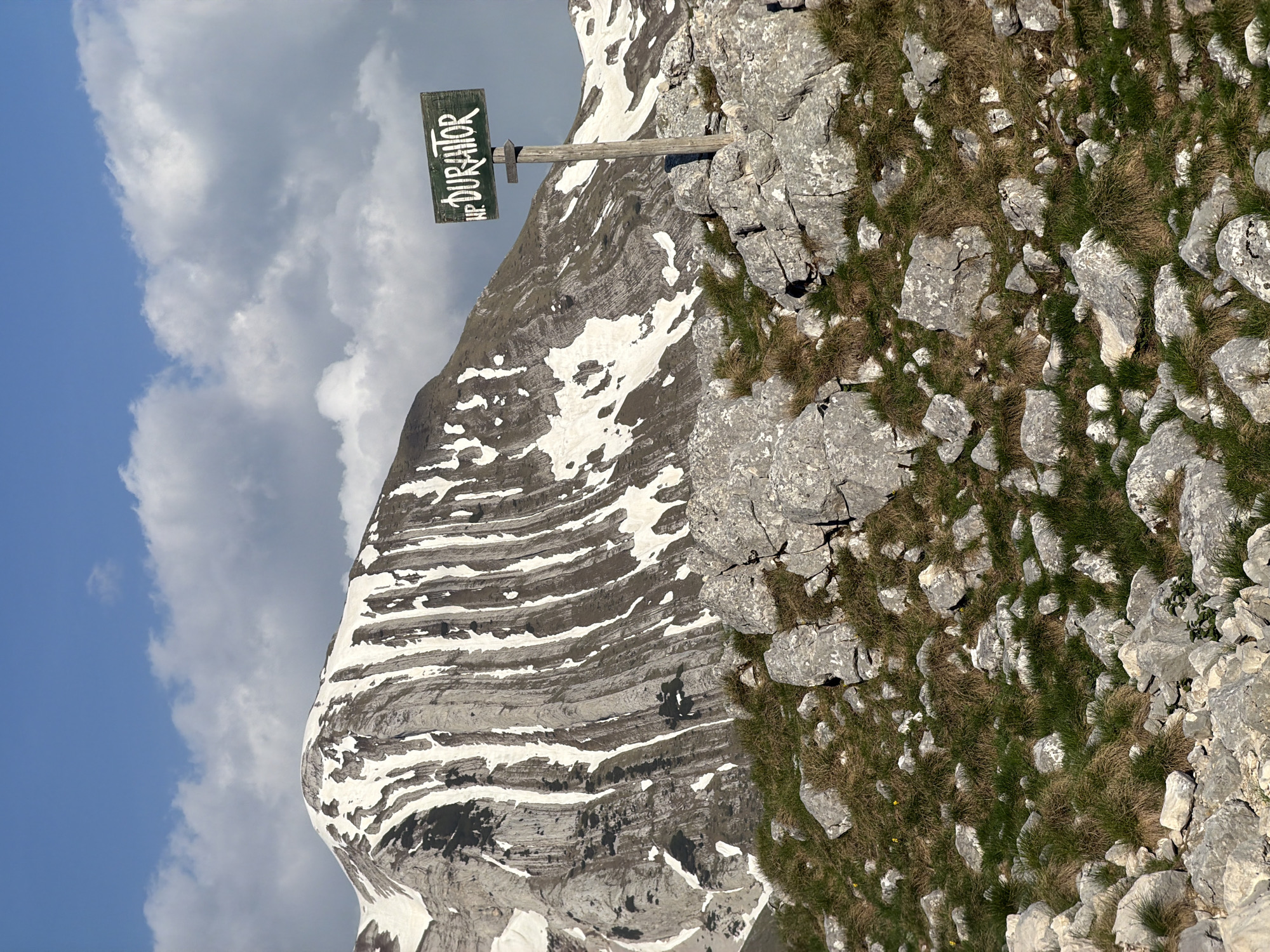 The image shows a view in Boričje, Montenegro, featuring a snow-capped mountain with a sign indicating "NP Durmitor" (National Park Durmitor). The mountain has distinct layered rock formations with patches of snow. The foreground consists of rocky terrain interspersed with patches of dry grass. The sky exhibits a mix of blue and white clouds.