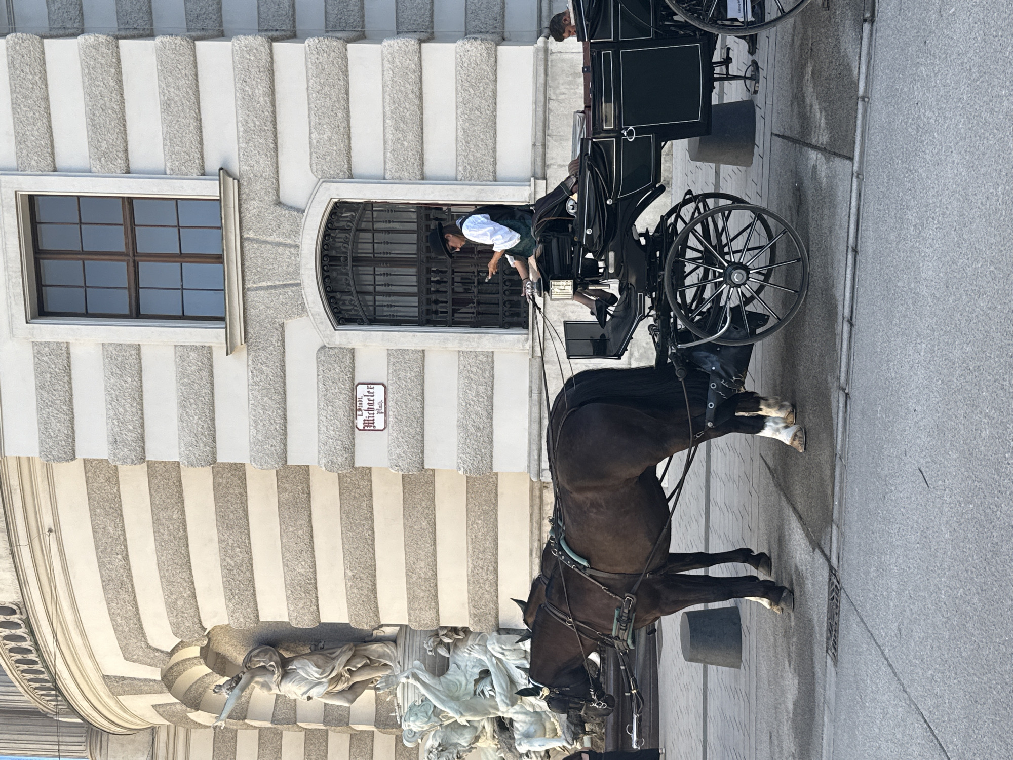 The image captures a horse-drawn carriage at Michaelerplatz in Vienna, Austria. In the foreground, two brown horses are harnessed to a black carriage. A person wearing a black hat, white shirt, and dark vest is seated on the carriage, looking at a mobile phone. The carriage is parked on a paved surface in front of a building with a textured facade featuring horizontal bands. To the left of the carriage, a classical sculpture is visible. A sign reading "Stadt Michaeler Platz" is mounted on the building. In the background, another person is partially visible, seated further down the carriage. The overall scene depicts a street view in a historic urban setting.