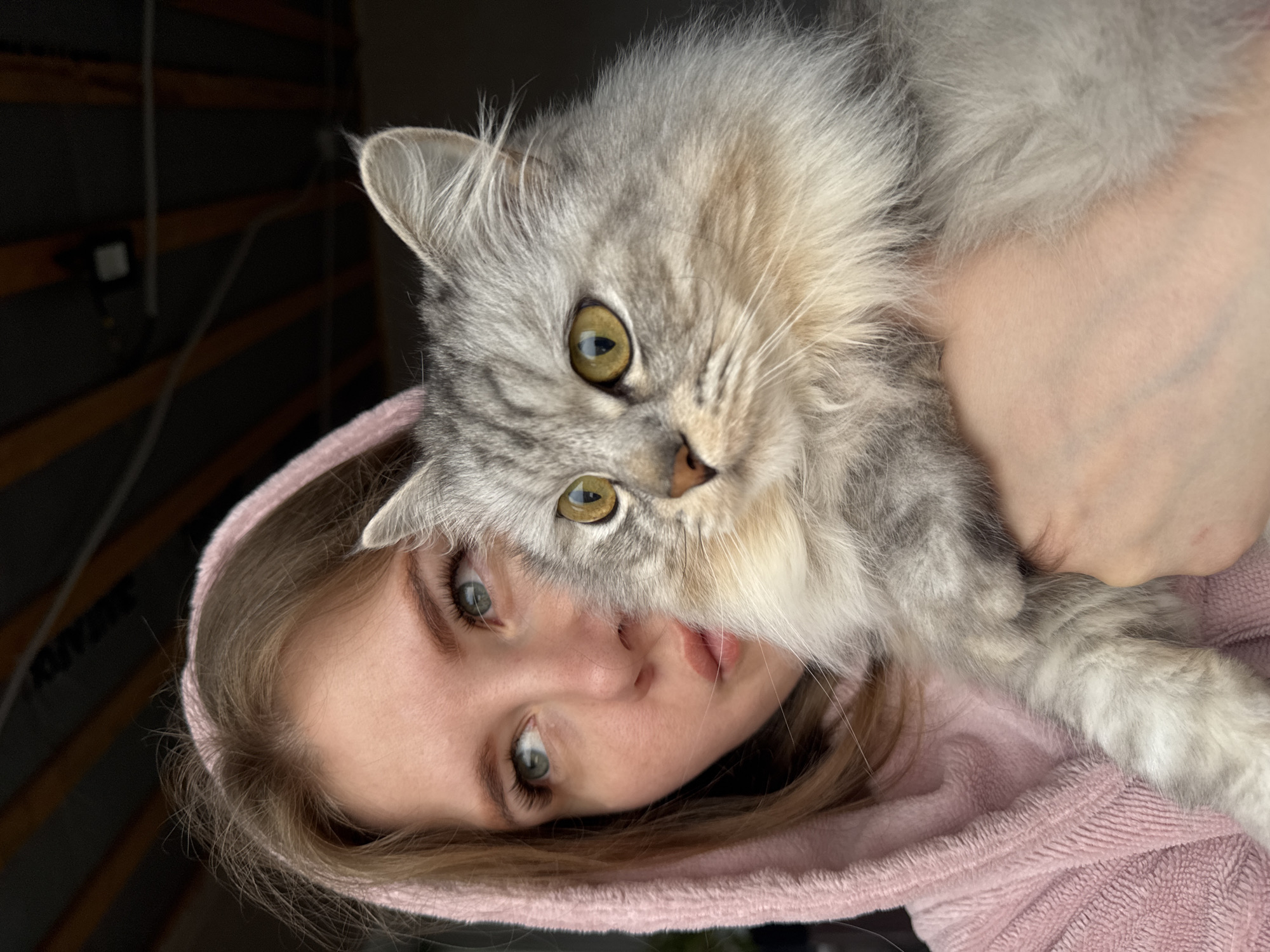 A portrait of a young woman holding a long-haired, gray tabby cat. The woman is wearing a pink hooded sweatshirt and has light skin, green eyes, and light brown hair. The cat's eyes are yellow. The background is blurry, but a wall with wooden beams and a light switch are visible. The location is assumed to be in Gornyi, Russia.