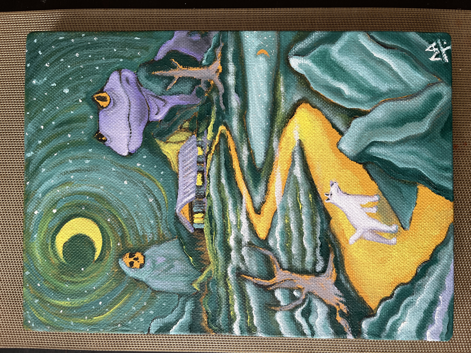 The image is an acrylic painting on canvas depicting a surreal, dreamlike landscape. The scene is dominated by swirling patterns and stylized elements. In the upper left corner, a large, lavender-colored flower with a yellow center is partially visible, while another similar flower is positioned in the lower left corner, closer to a yellow crescent moon in a green swirling background.
In the right half of the painting, there are jagged, green, mountain-like forms, separated by a golden-yellow path. A white animal figure, possibly a cat or dog, is positioned on the golden path. Bare branches with a light-brown color are seen near the base of the path. The background is a dark, swirling green, with scattered white dots, suggestive of stars. The painting is signed in white in the upper right corner. The painting is on a brown mesh mat.
