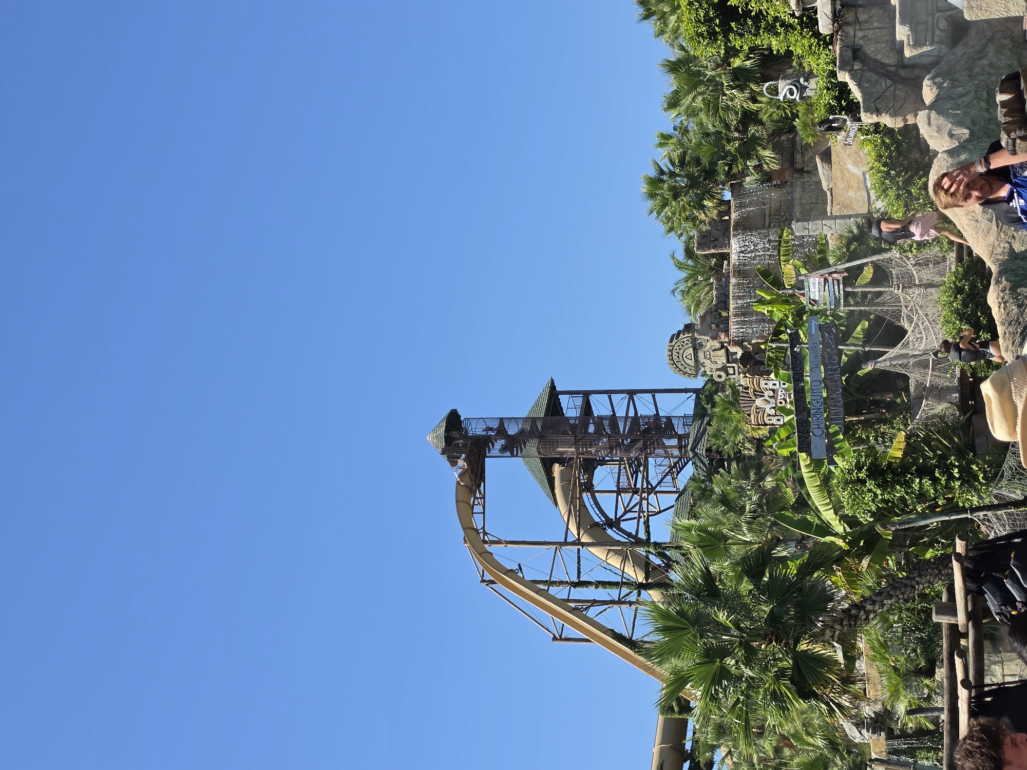 The image depicts a water park in Jesolo, Italy, featuring a towering water slide with a beige-colored chute and a dark metal support structure. The slide curves downwards, disappearing behind lush tropical vegetation, including palm trees and banana plants. In the background, a man-made waterfall cascades down a rocky structure adorned with a Mayan-inspired carving. Several signs are visible, with text such as "RIVER COVE" and "CHIRINGUITO SILVER G". People are present in the foreground, some wearing life vests, and one person is walking away from the camera. The scene is set against a clear blue sky.