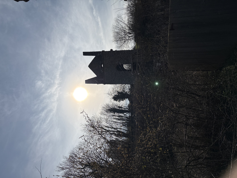 The image displays the ruins of a stone mining engine house located in the Stiperstones area, Shropshire, United Kingdom. The structure, with its distinctive gabled silhouette and two flanking chimney-like projections, is captured against a bright, hazy sky dominated by a strong, backlighting sun positioned slightly to the upper-left of center. This sun causes significant lens flare, including a prominent green optical artifact in the lower-center foreground. Visible features of the engine house include a large arched opening at ground level and smaller apertures higher on its darkened facade. The foreground and the elevated ridge behind the building are densely covered with bare deciduous trees and shrubs, indicative of a late autumn or winter setting. A section of a dark wooden plank fence is partially visible at the bottom right. No individuals are present within the scene.