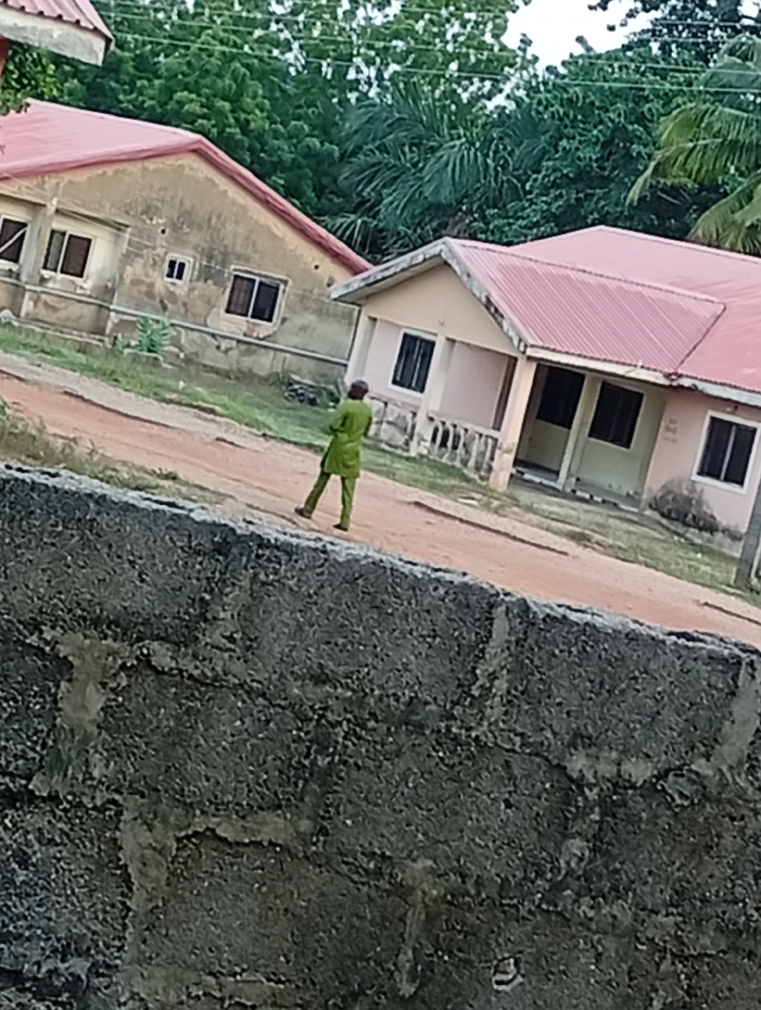 A photograph, taken in Unknown, Unknown, reveals two buildings with red roofs adjacent to a dirt road. A man dressed in green walks along the road. A textured, grey wall is in the foreground. In the background is green vegetation.