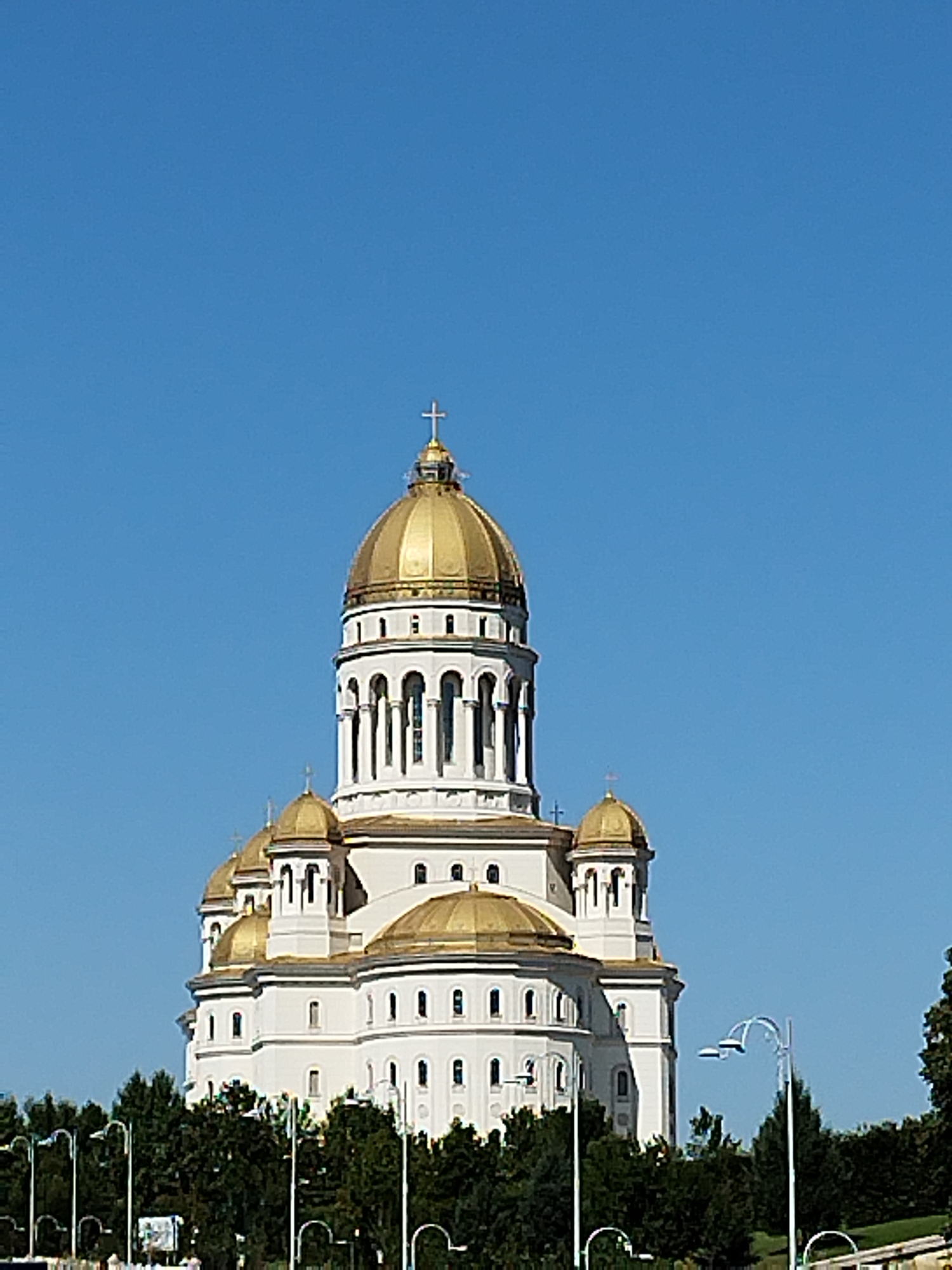 The image shows the People's Salvation Cathedral, a monumental Eastern Orthodox cathedral located in Bucharest, Romania. The cathedral, characterized by its white facade and numerous golden domes topped with crosses, is a dominant feature against a clear blue sky. In the foreground, a dense line of dark green trees partially obscures the lower levels of the structure. Several modern streetlights with curved designs are visible amongst the trees, indicating an urban setting. The scene is captured from a distance, with no individuals or specific actions readily apparent.