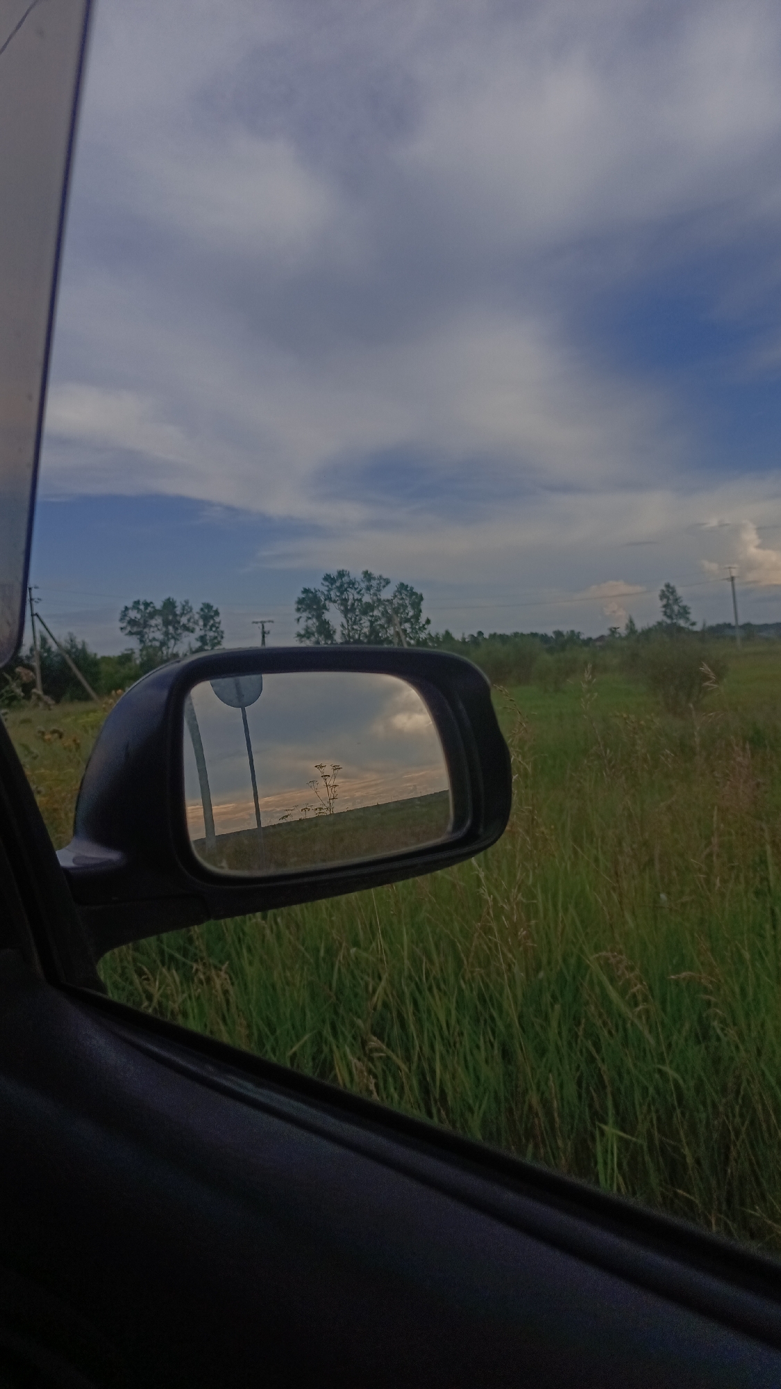 The image depicts a view from inside a vehicle, looking out the side window and into the side mirror. The foreground is dominated by the dark interior of the car's door panel. Outside the window, a tall, grassy field stretches towards a line of trees and utility poles in the distance. The sky is partly cloudy with patches of blue. The side mirror reflects the scene behind the vehicle, showing a road signpost and a skeletal plant against a hazy sky, with a hint of sunset colors. The overall impression is a rural landscape. The metadata associated with this image does not provide specific location information within Angarsk, Russia.