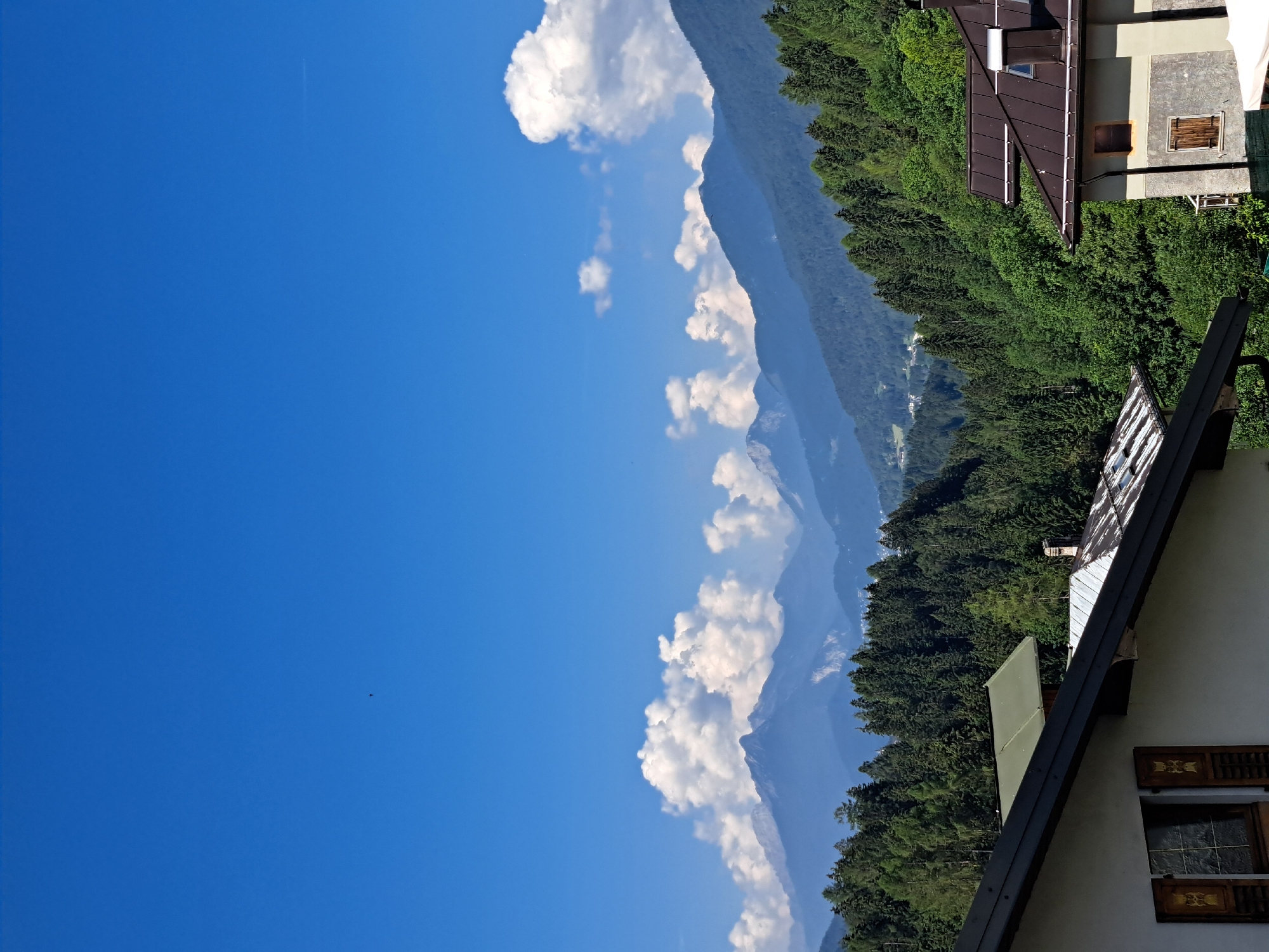 A vertical, eye-level shot captures a panoramic view of a mountain range under a clear blue sky dotted with fluffy white clouds. The foreground is dominated by the angled rooftops of two houses, one with a dark grey roof and a beige and grey facade, featuring wooden shutters on a window. The other house has a green roof and the corner of a white roof with rust-colored patches. Beyond the houses, a dense, dark green forest covers the slopes of the mountains. The mountains themselves transition from dark green at the lower elevations to lighter shades of blue and grey as they recede into the distance, with jagged peaks piercing the sky. The overall scene evokes a sense of natural beauty and tranquility in a mountainous, wooded region.
